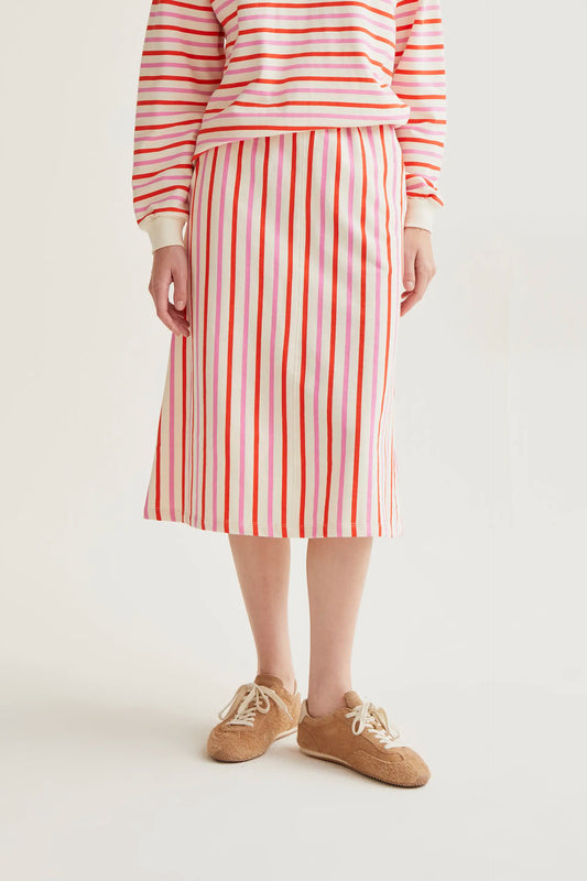 Falda midi con estampado de rayas rosa y rojo