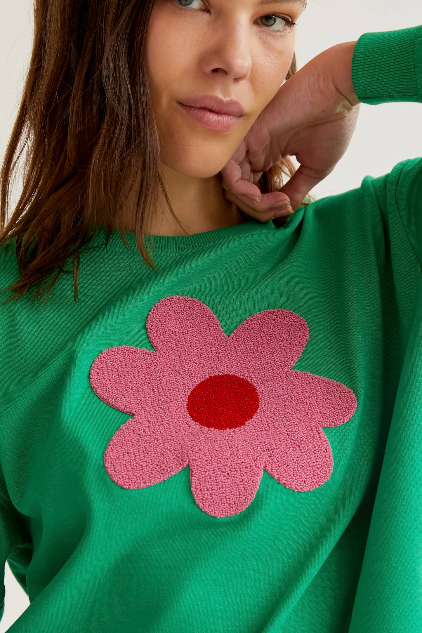 Sweatshirt with giant pink flower embroidery