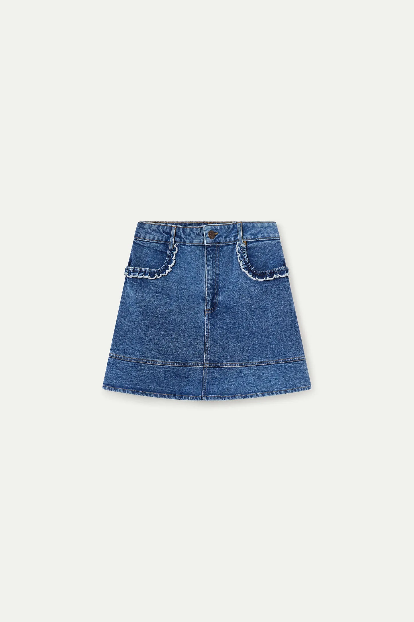 Gonna in denim blu con dettaglio volant
