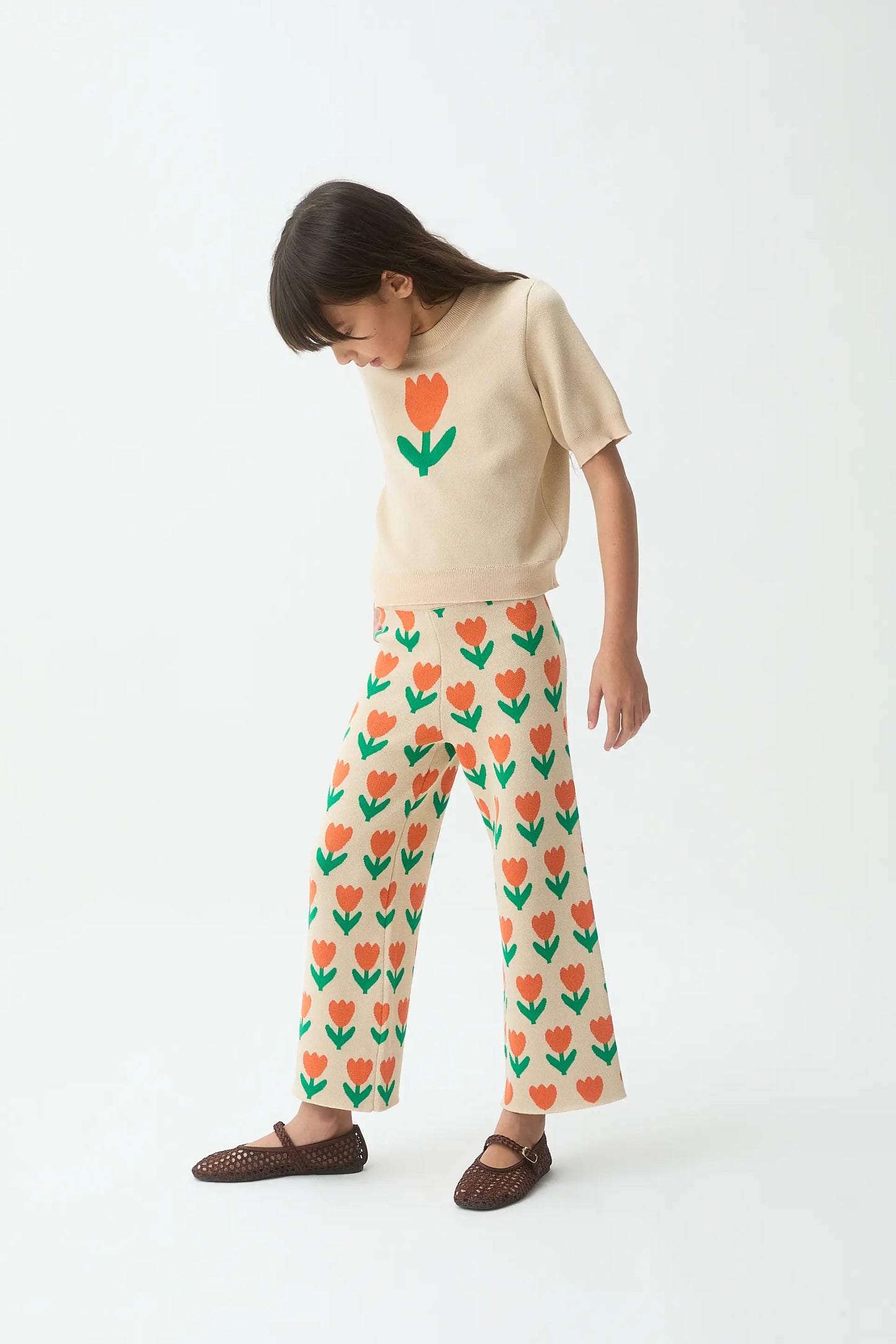 Pantaloni in maglia da bambina con stampa Orange Tulip