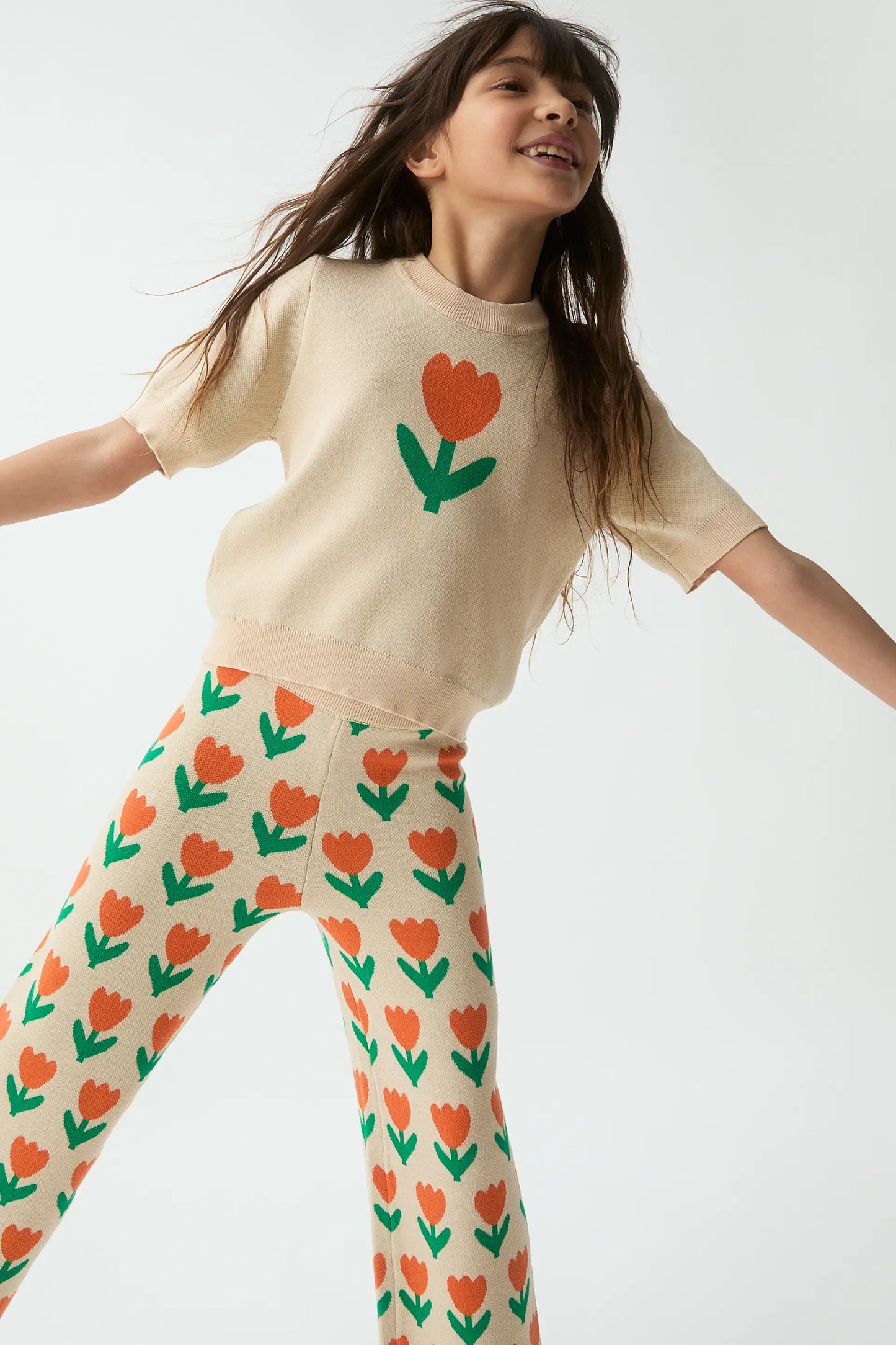 Pantaloni in maglia da bambina con stampa Orange Tulip
