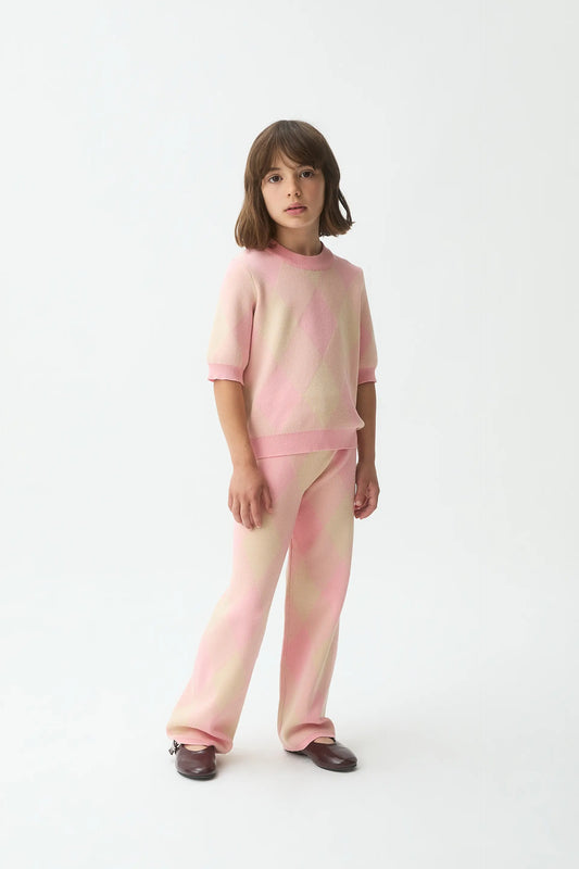 Pantalón punto jacquard de niña con rombos rosas