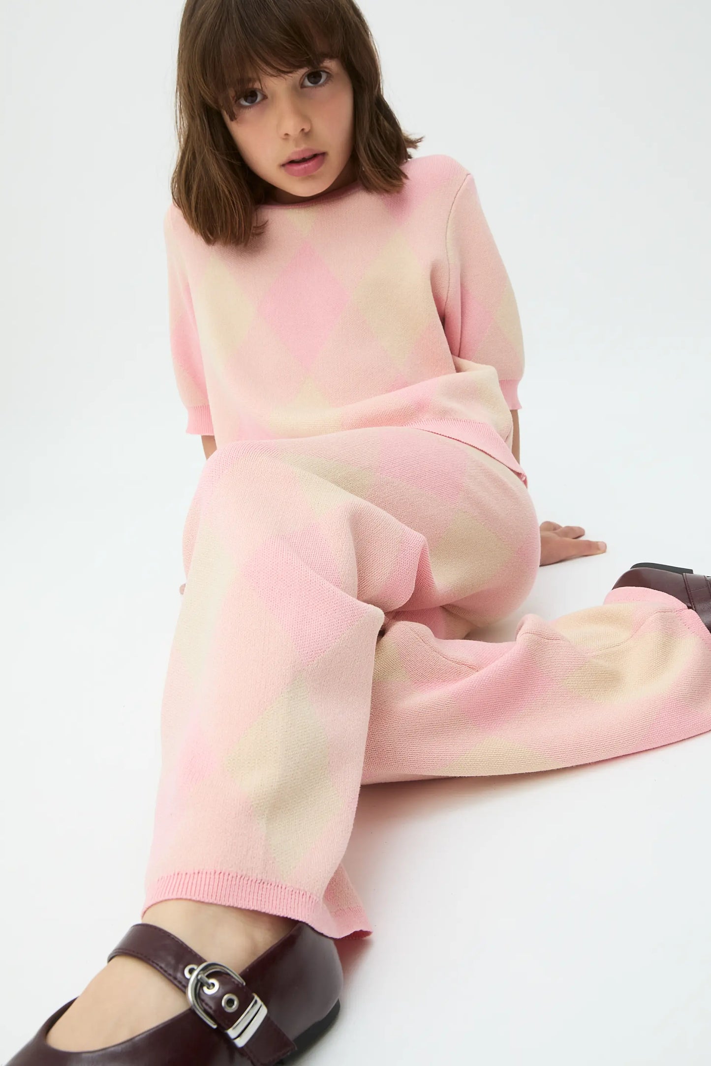 Pantaloni in maglia jacquard con diamanti rosa per bambine