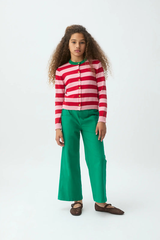 Cárdigan de niña estampado con rayas rosa  y rojo