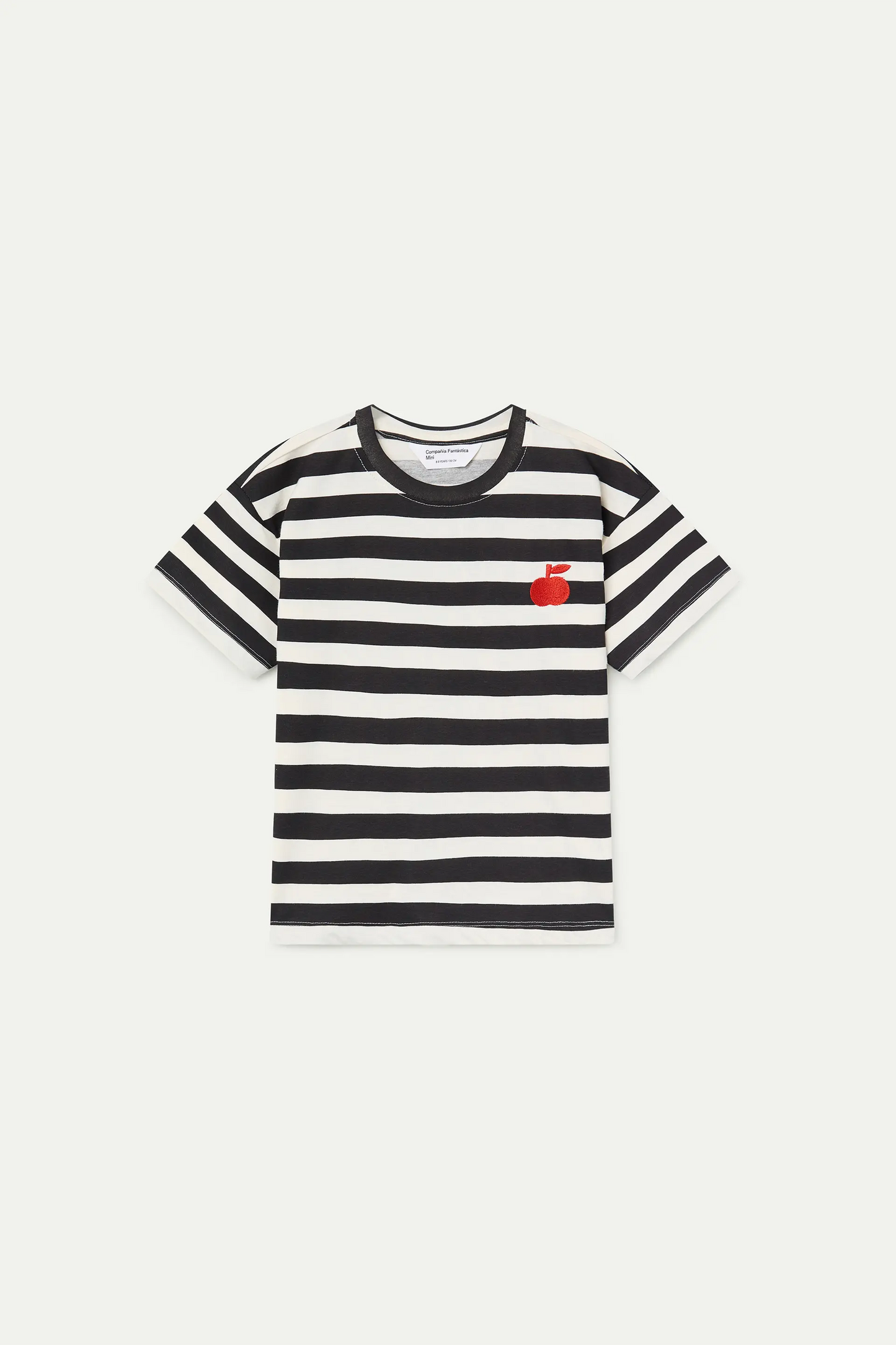 Camiseta de niña con estampado de rayas negras y bordado de manzana