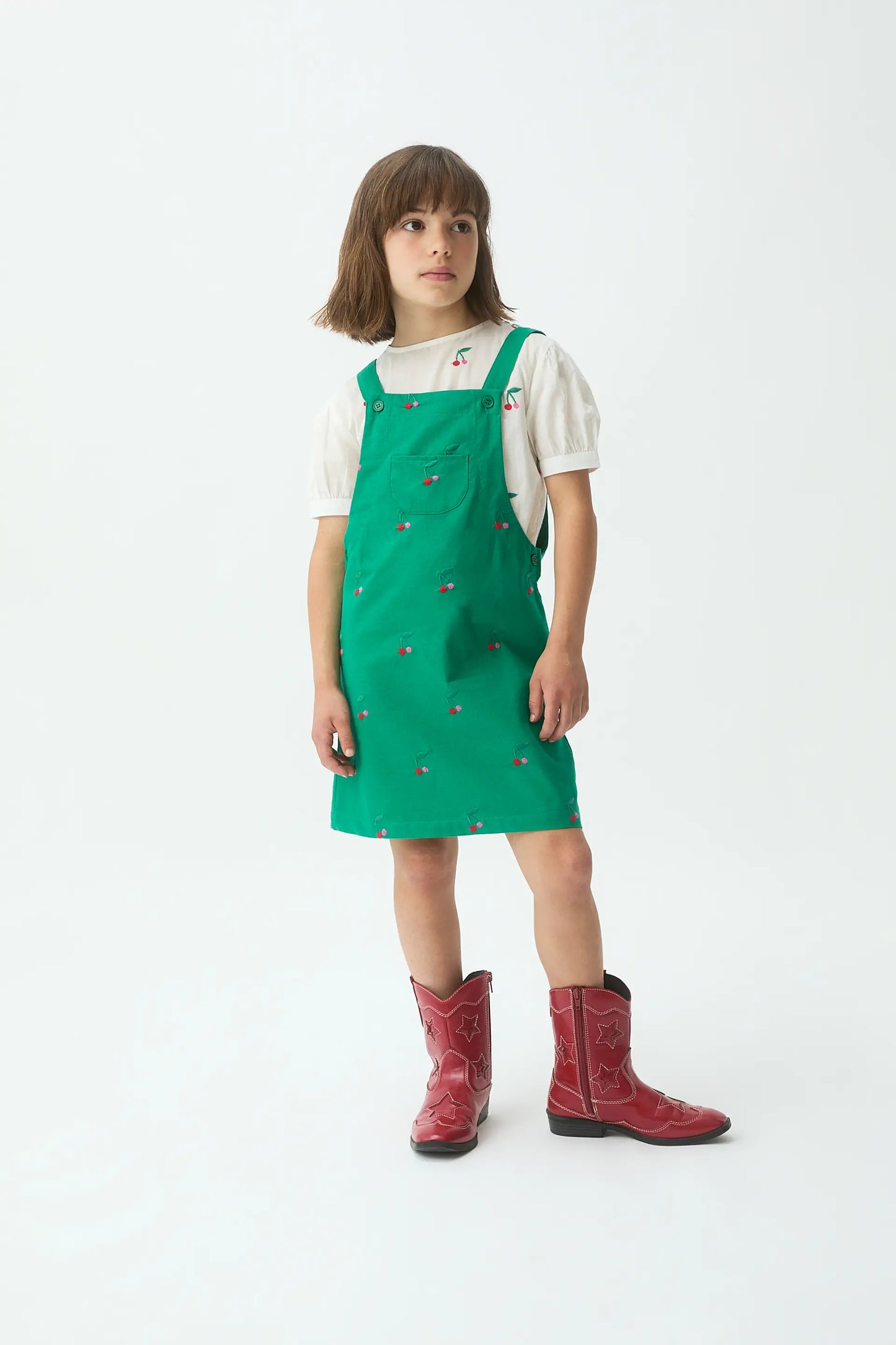 Vestito scamiciato da bambina, 100% cotone con stampa ciliegie