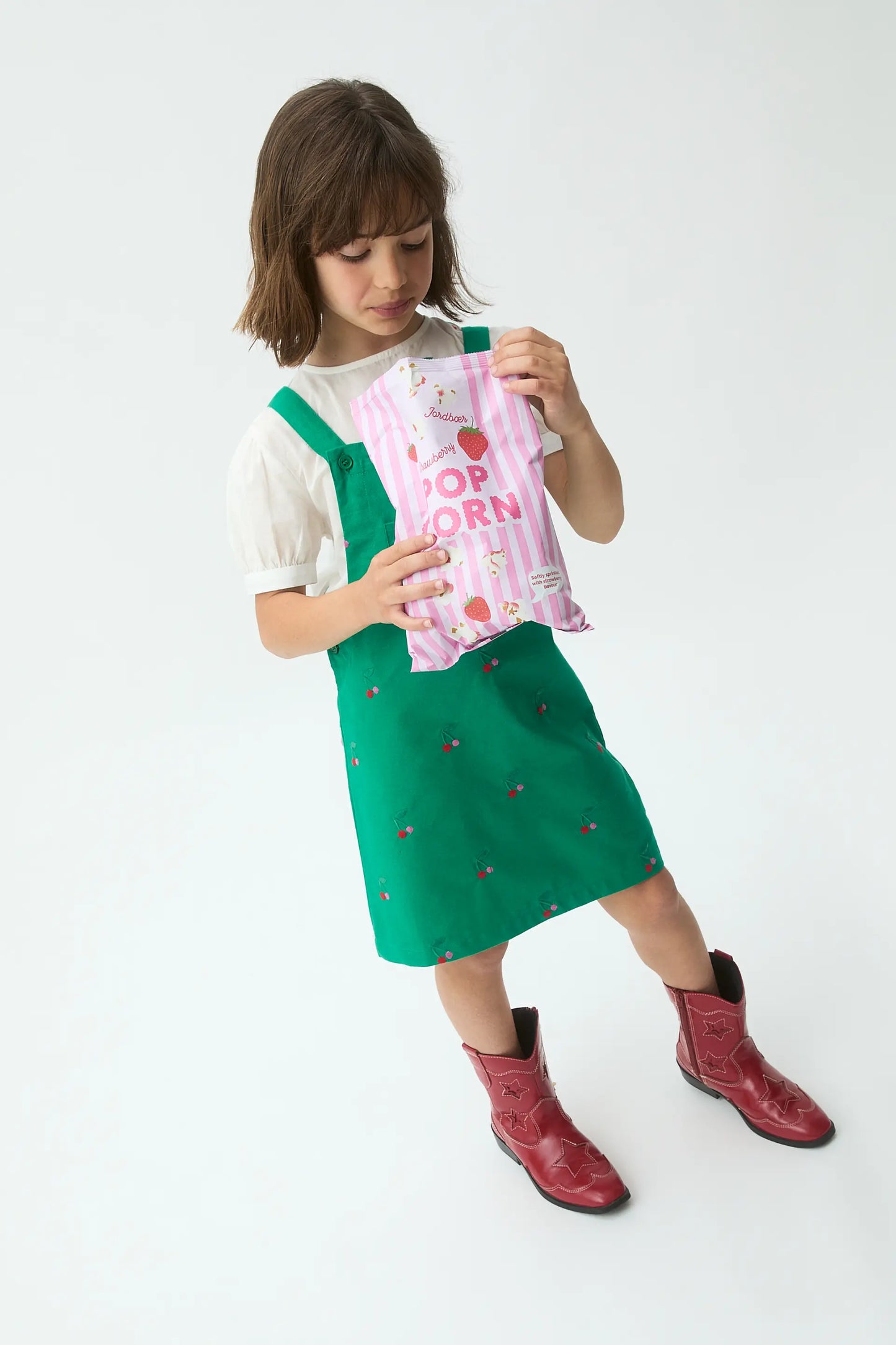 Vestito scamiciato da bambina, 100% cotone con stampa ciliegie