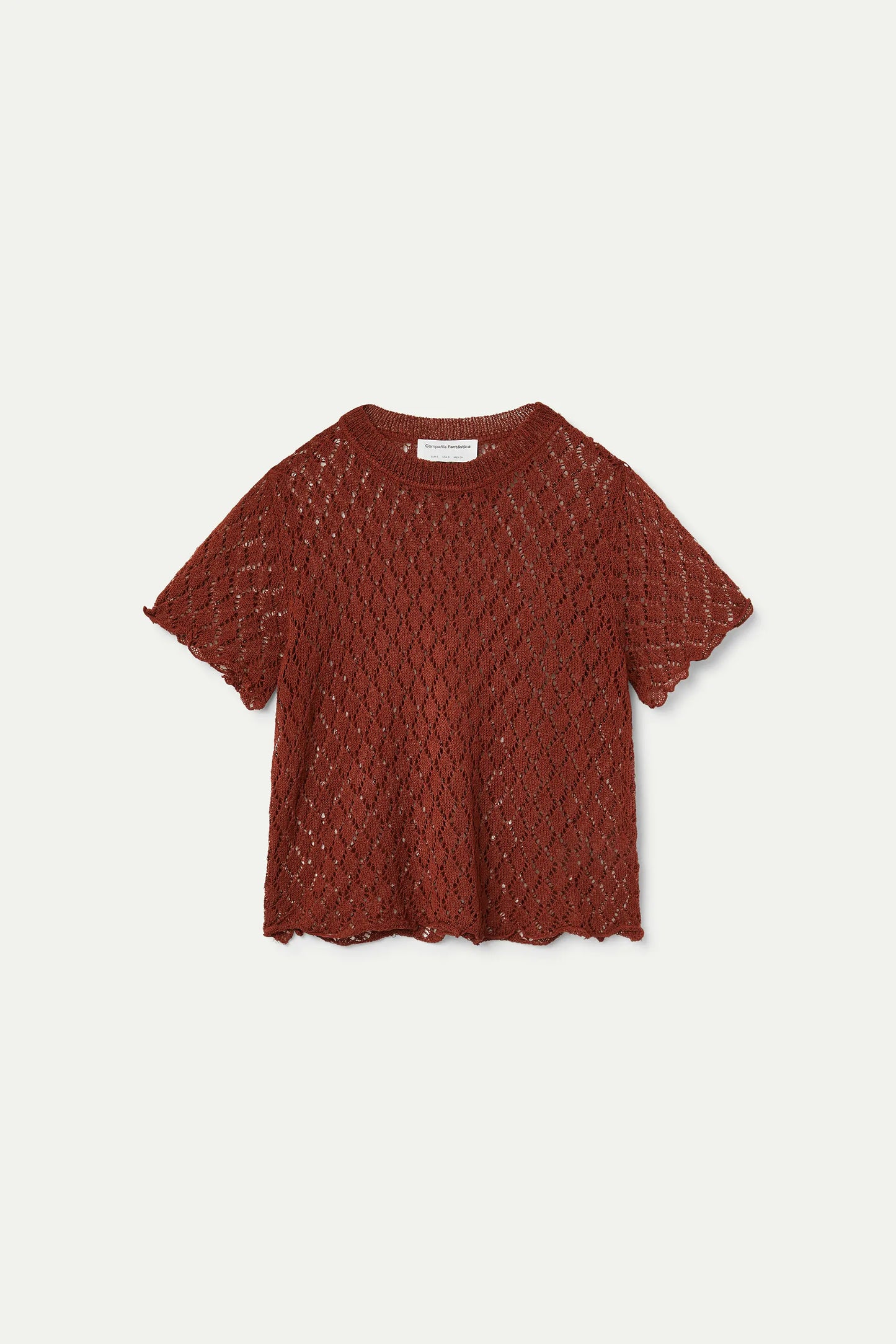 Top in maglia traforata marrone con motivo a rombi