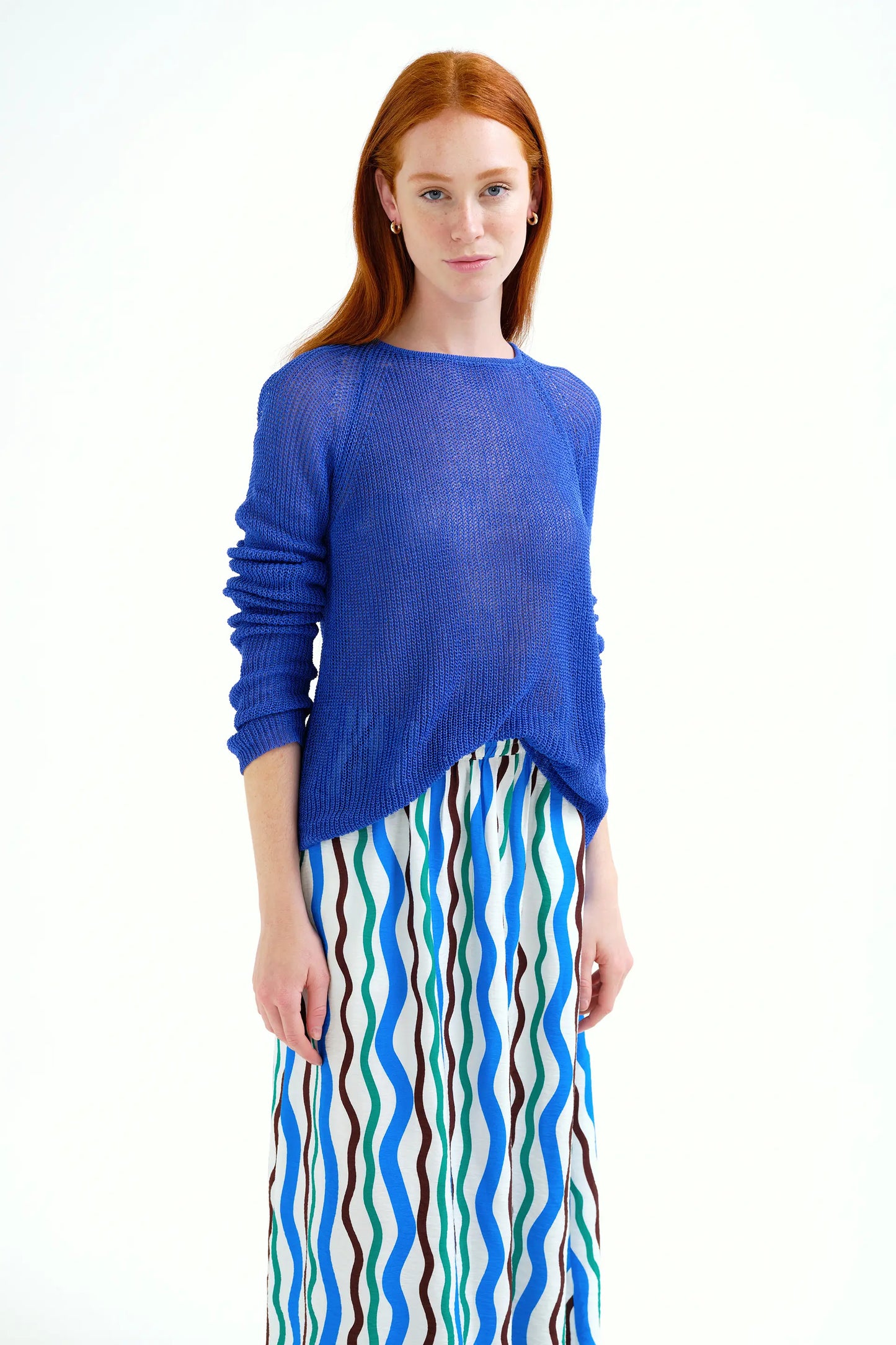 Blue openwork knit sweater