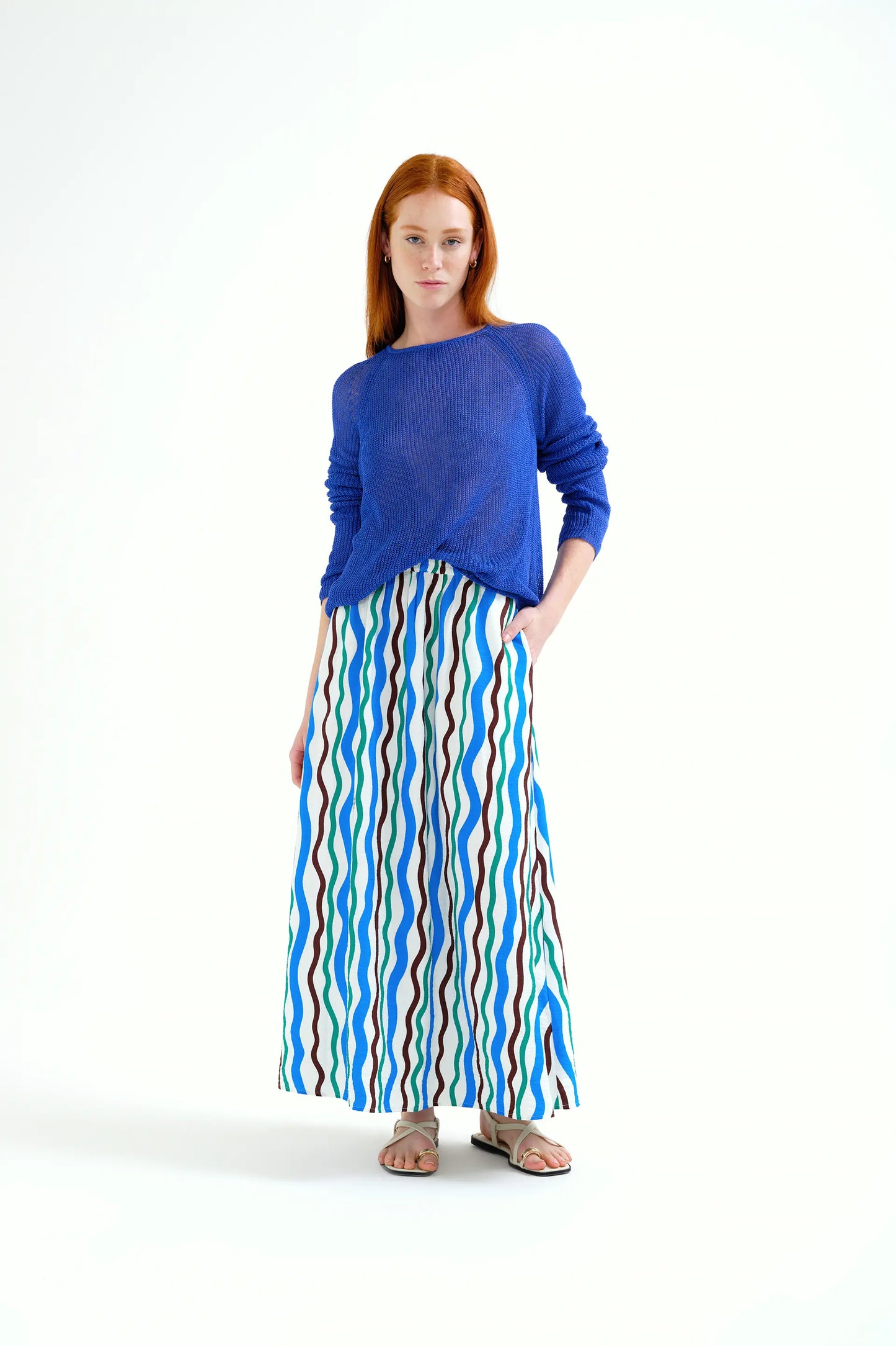 Blue openwork knit sweater