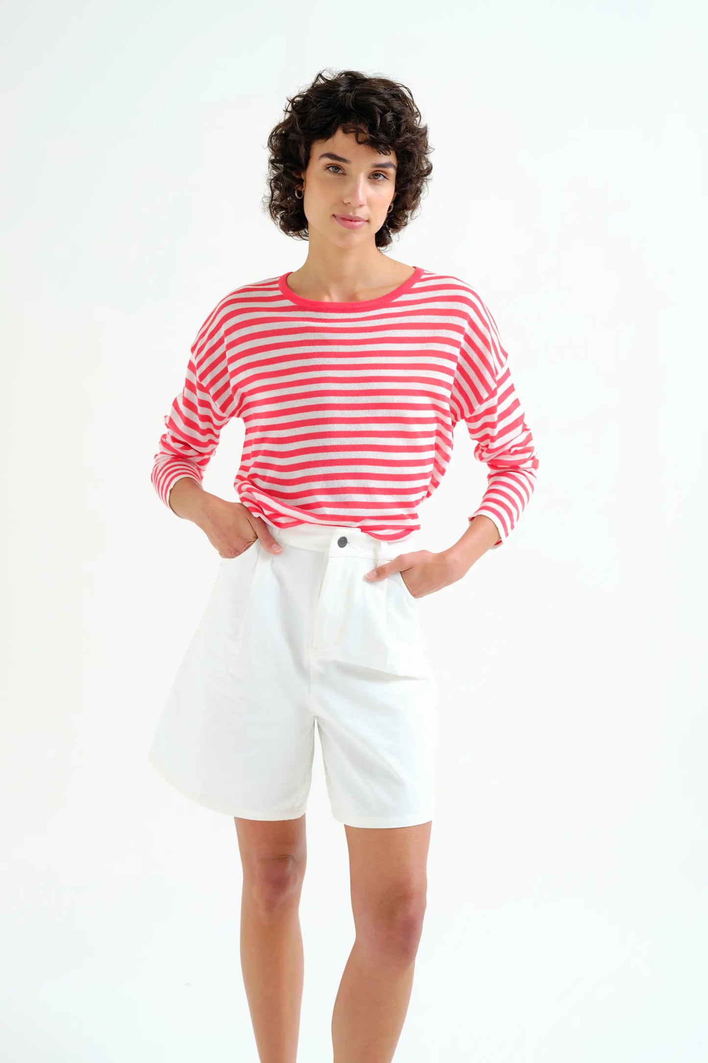 Soft knit sweater with white and red striped print