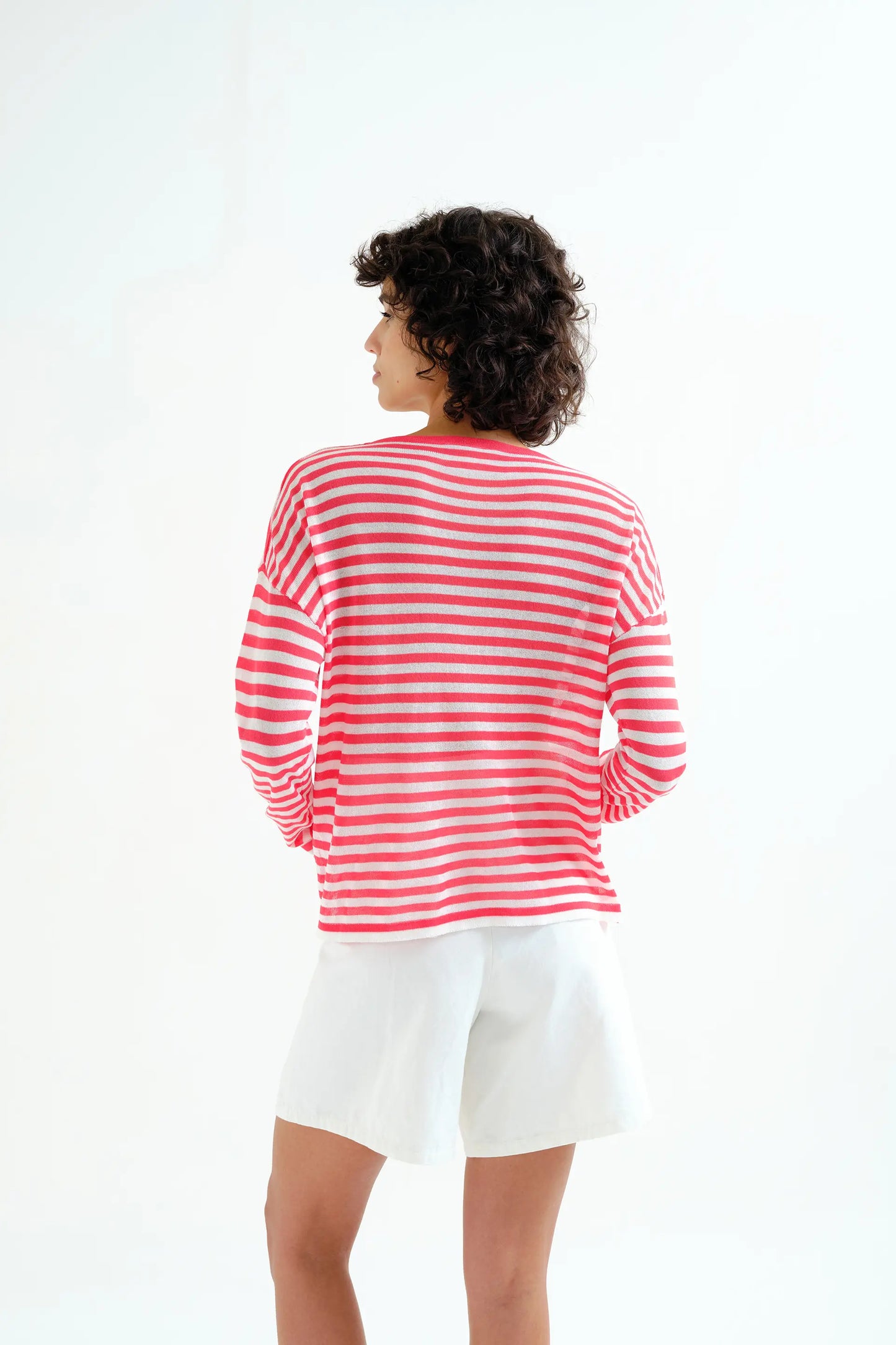 Soft knit sweater with white and red striped print