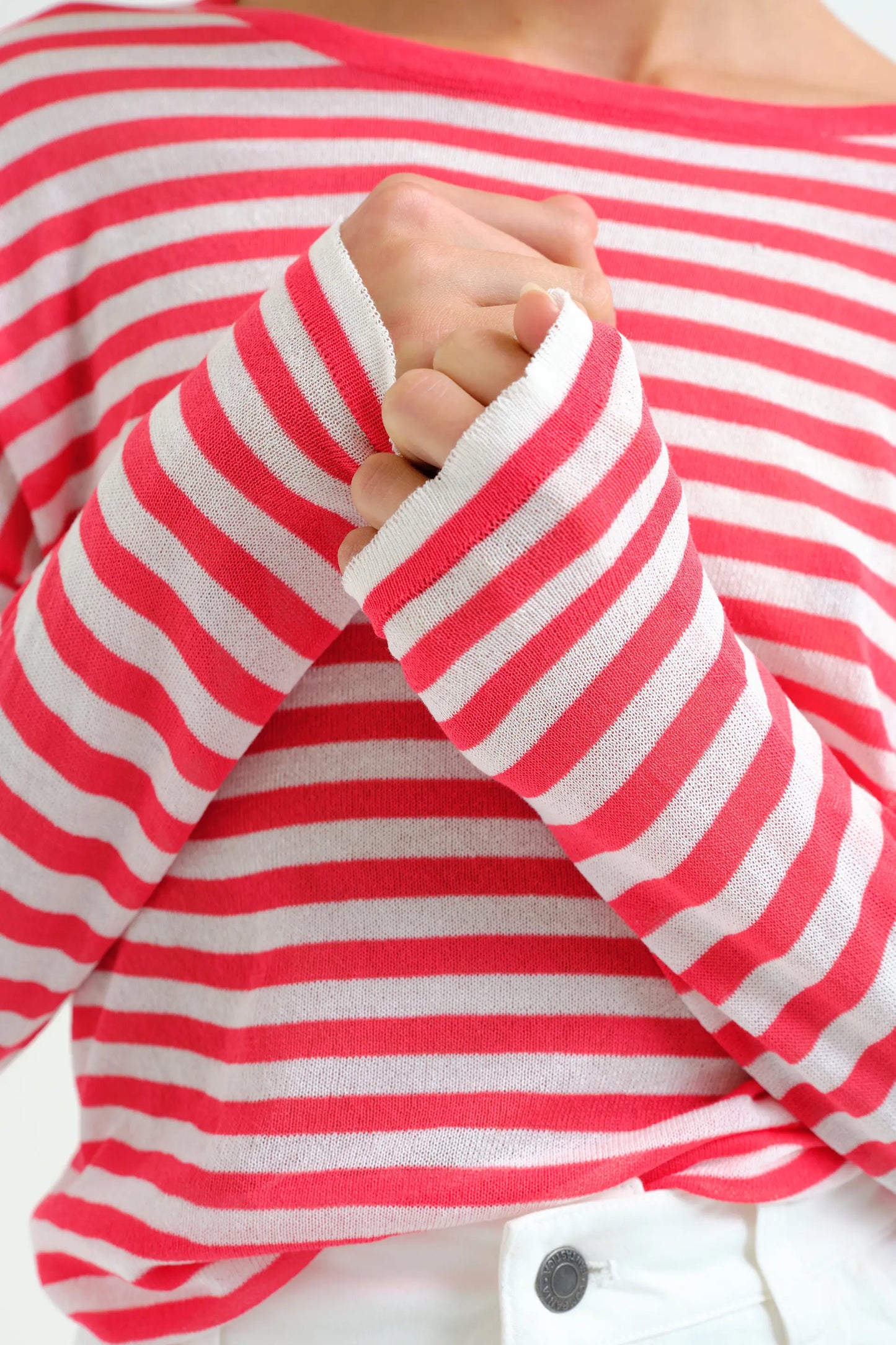 Soft knit sweater with white and red striped print