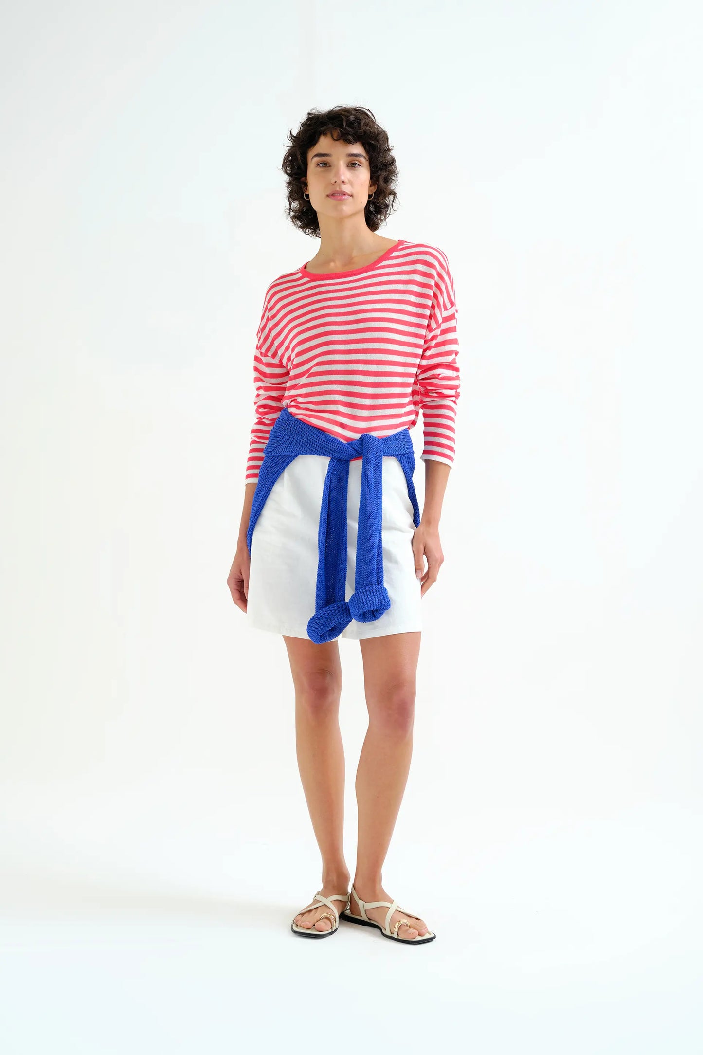 Soft knit sweater with white and red striped print