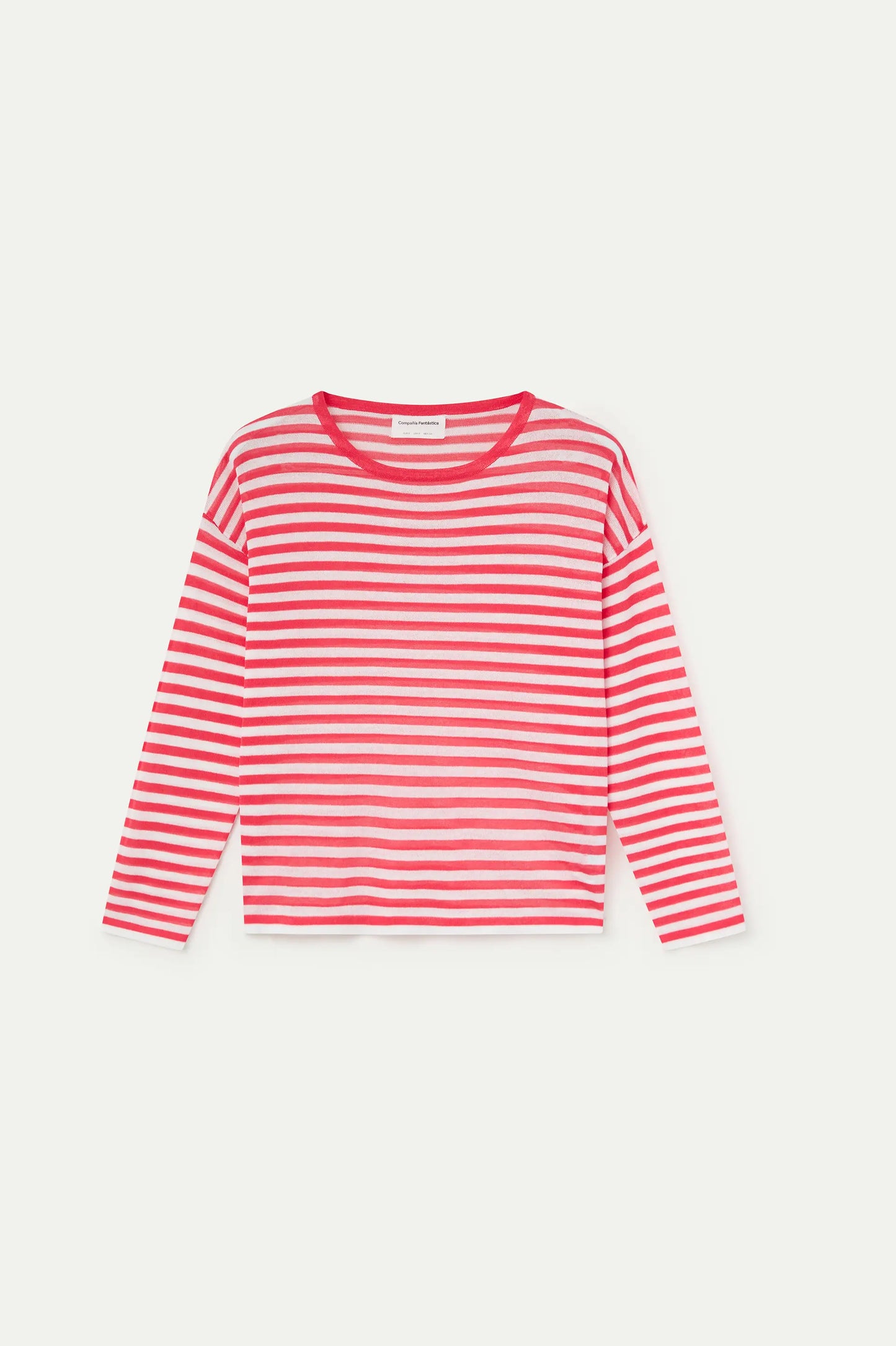Soft knit sweater with white and red striped print