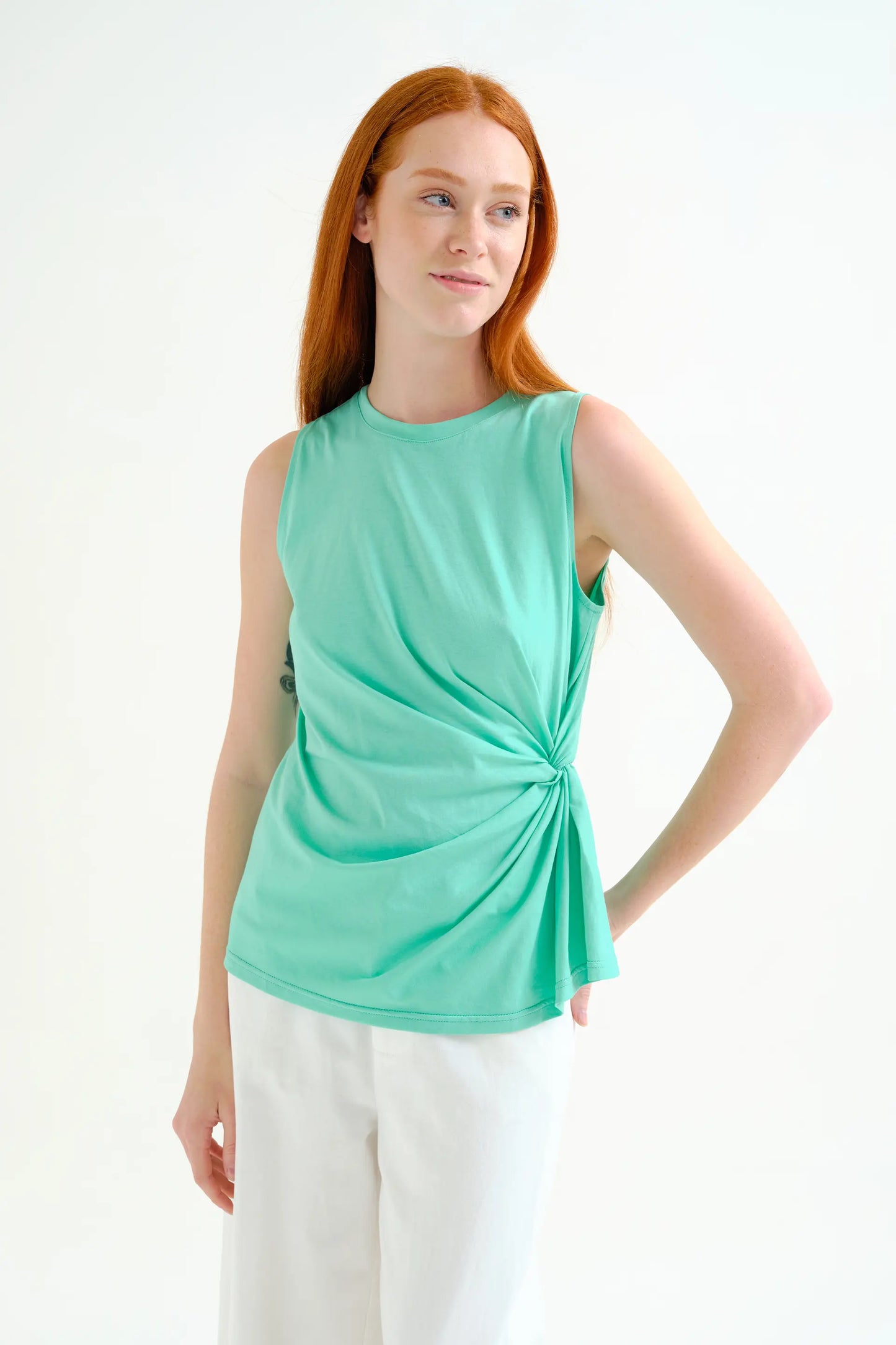 Camicia verde, 100% cotone, con dettaglio drappeggiato