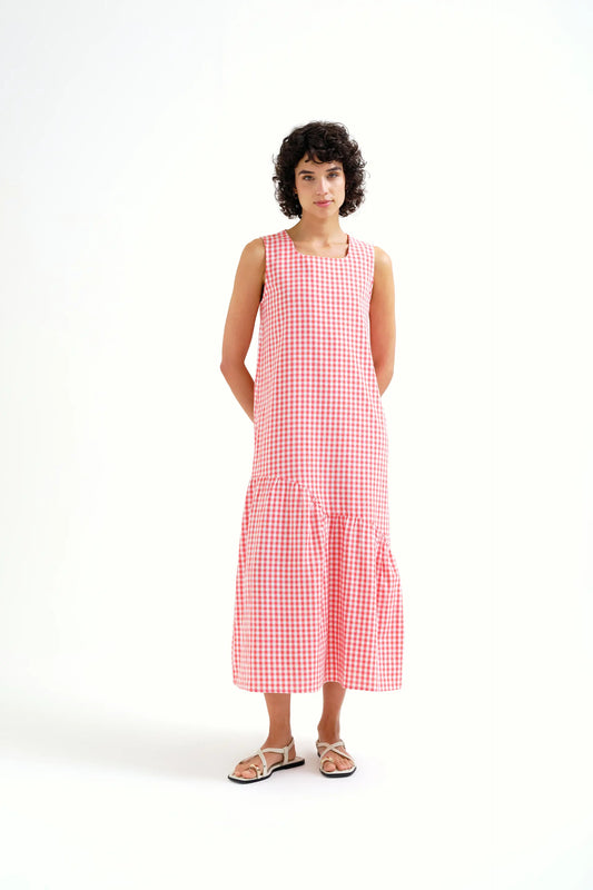 Abito midi in 100% cotone con motivo a quadretti rossi