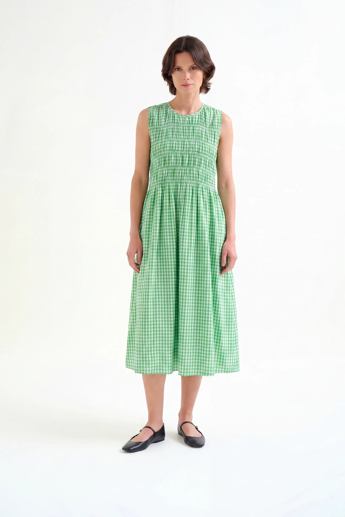 Vestito lungo 100% cotone a quadri vichy verde chiaro