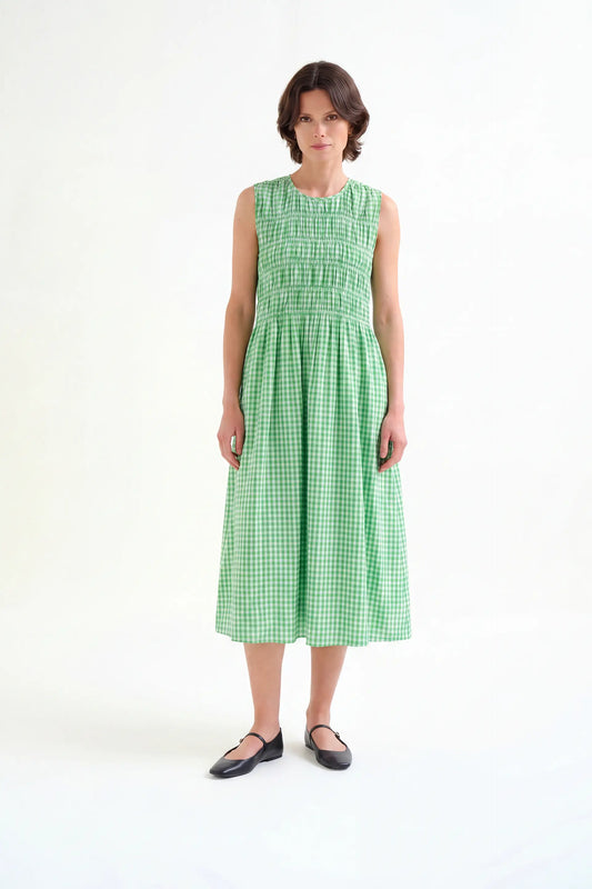 Vestido largo 100% algodón cuadros vichy verde claro