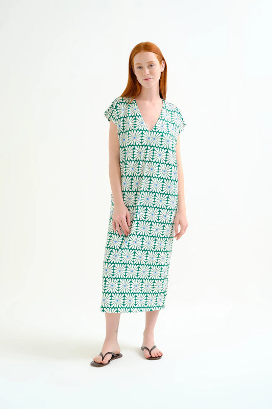 Kaftan largo con estampado Olive Flower Green