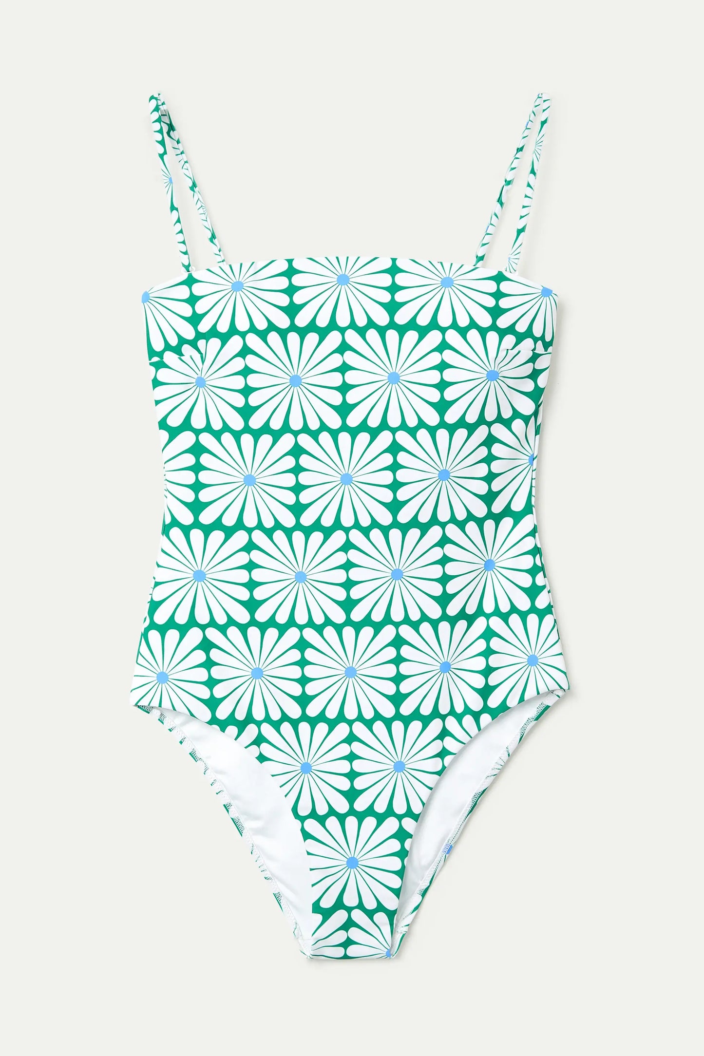 Swimsuit with straight neckline, Olive Flower Green print