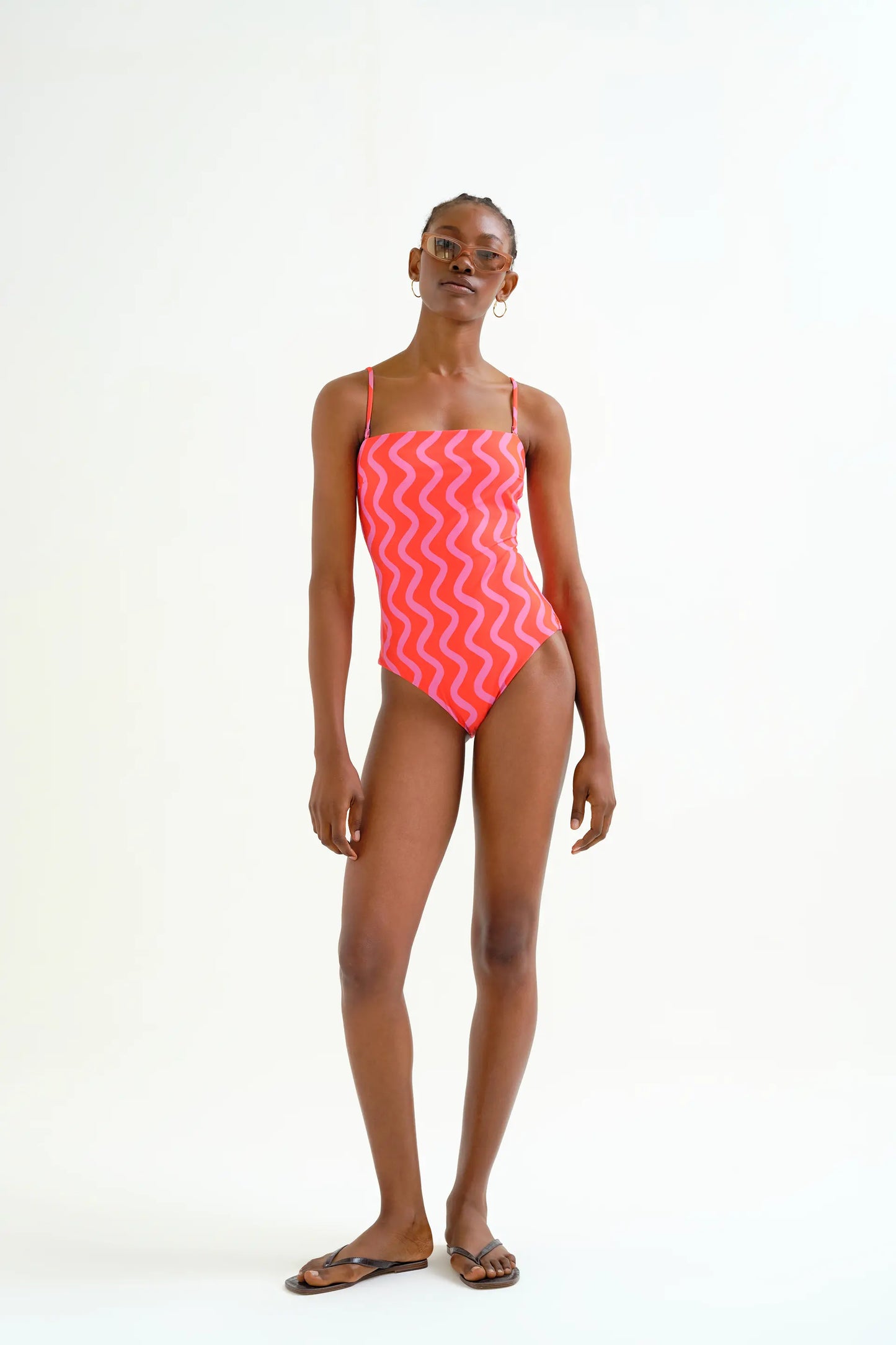 Bañador escote recto estampado Wave Red & Pink