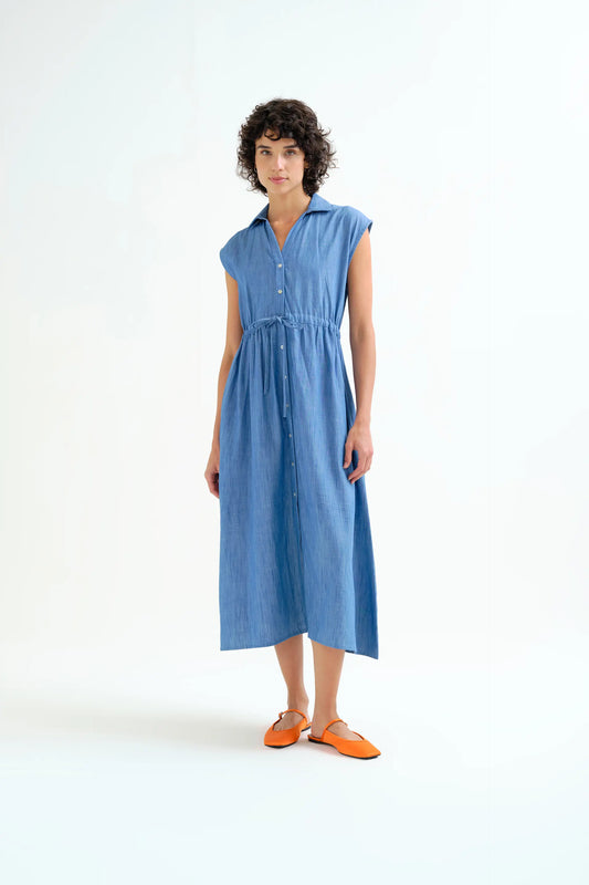 Abito midi in chambray di cotone 100% azzurro