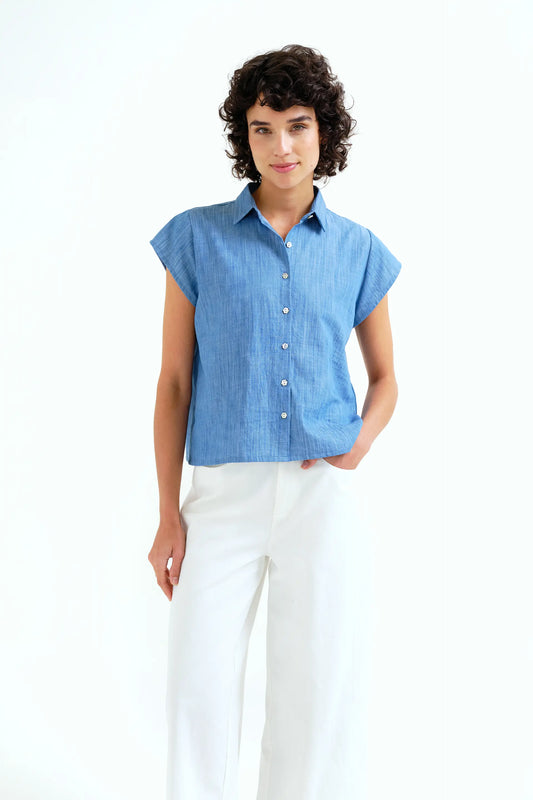 Camisa 100% algodón chambray azul claro manga corta