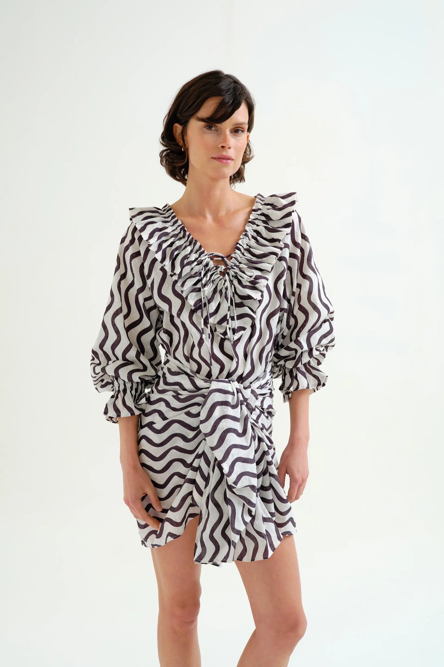 Black &amp; White Wave Print Beach Top with Ruffles