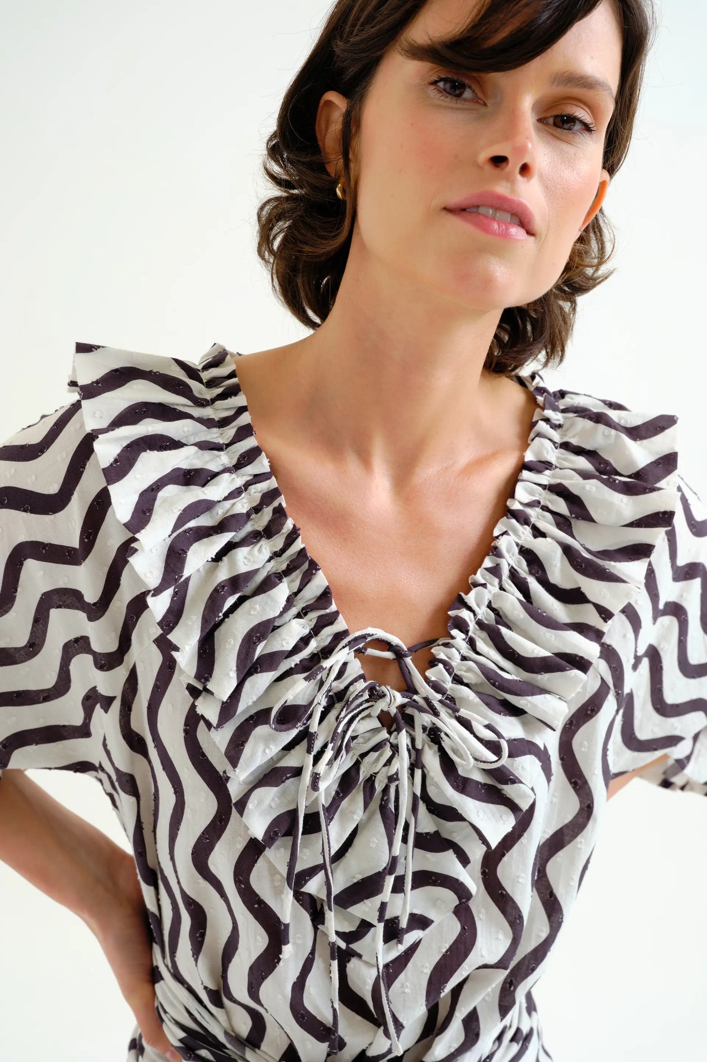 Black &amp; White Wave Print Beach Top with Ruffles