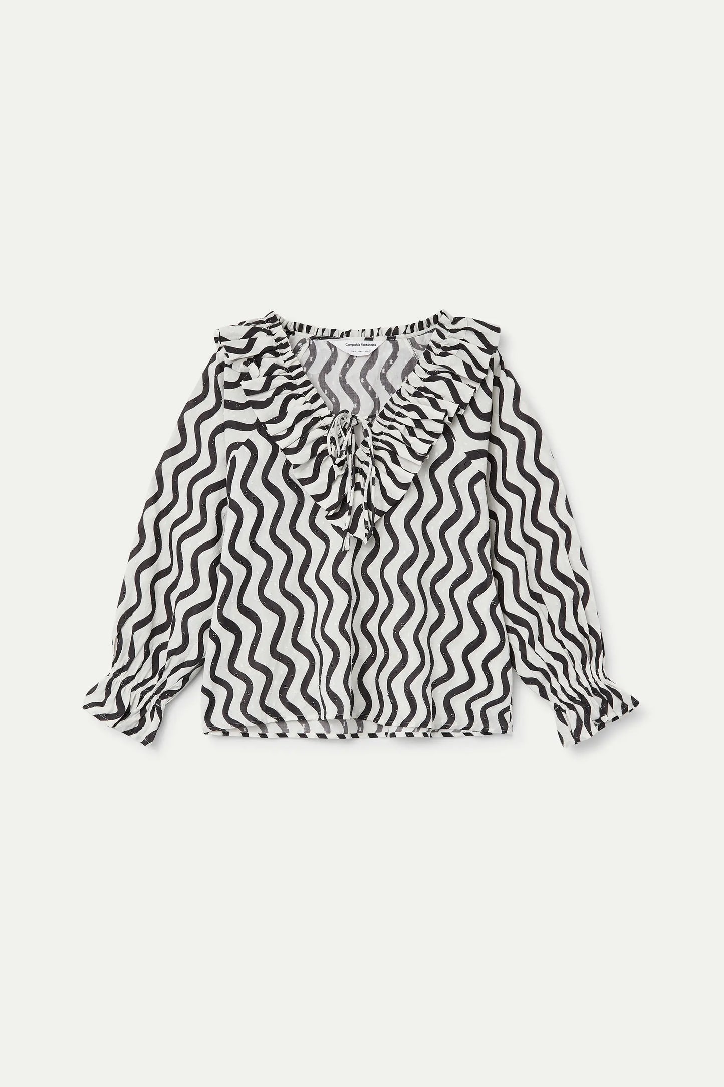 Black &amp; White Wave Print Beach Top with Ruffles