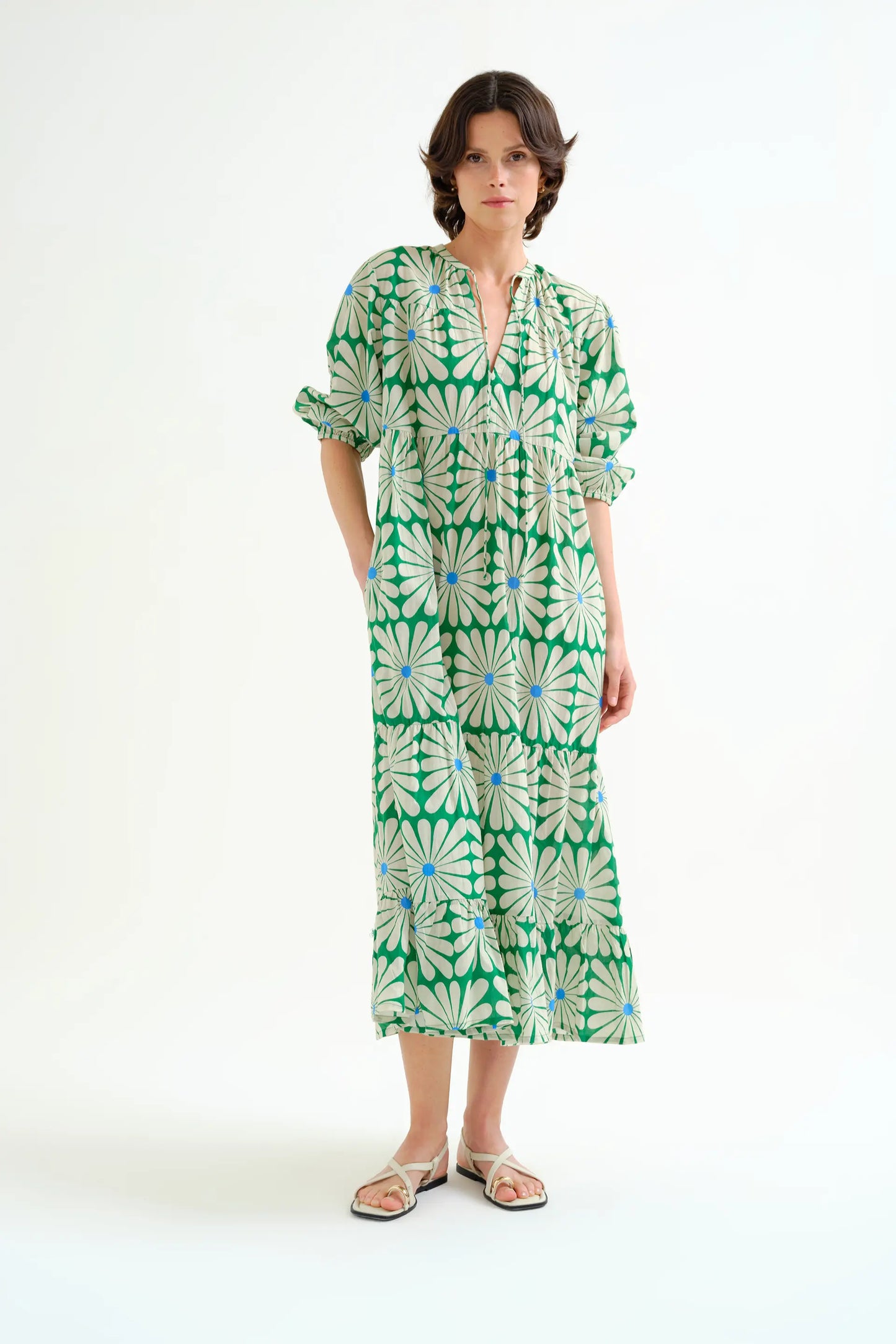 Vestido largo playero con estampado Olive Flower Green