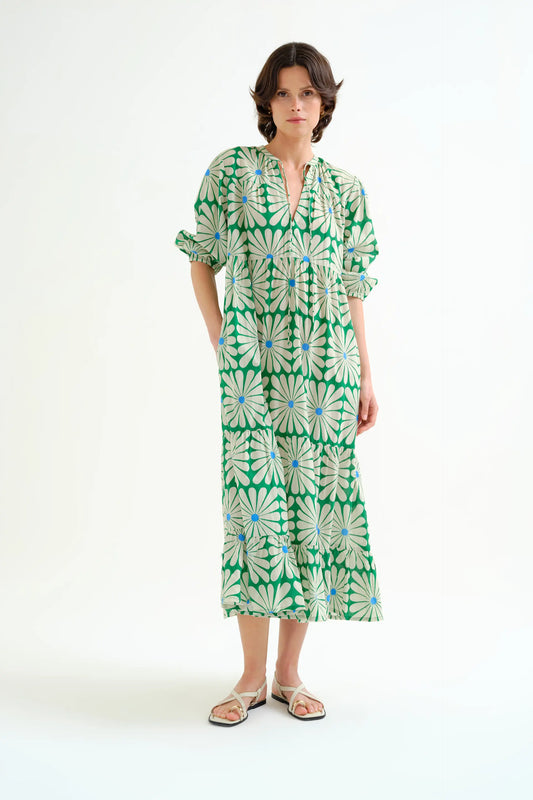 Abito lungo da spiaggia con stampa Olive Flower Green