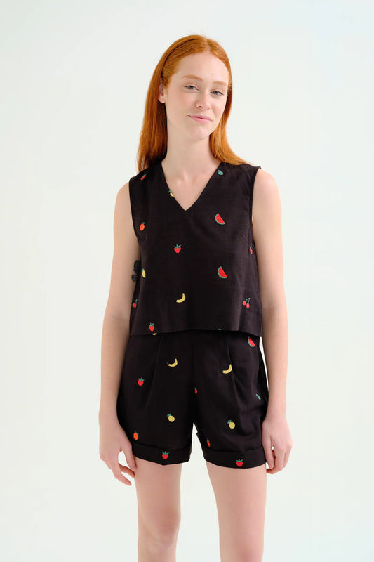 Top 100% cotone nero con ricamo macedonia di frutta