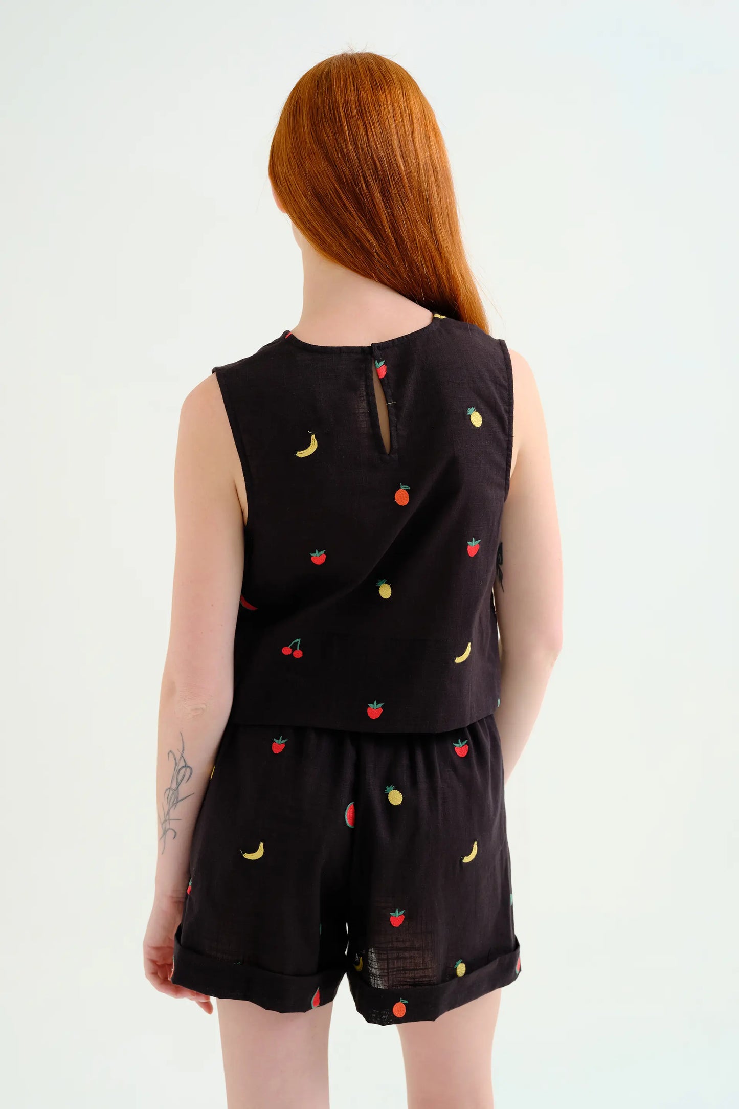 Top 100% black cotton with fruit salad embroidery