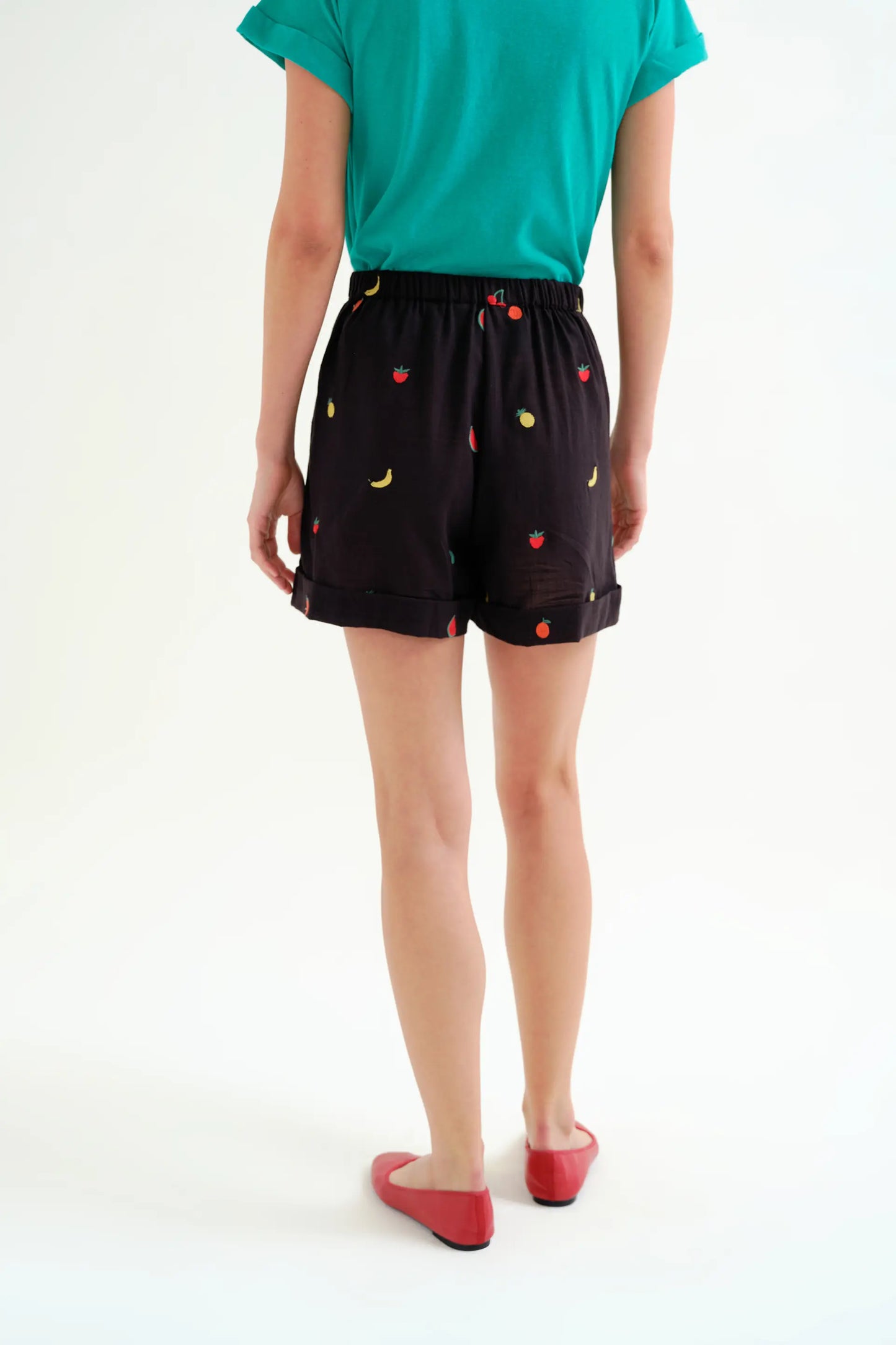 100% cotton black shorts with fruit salad embroidery