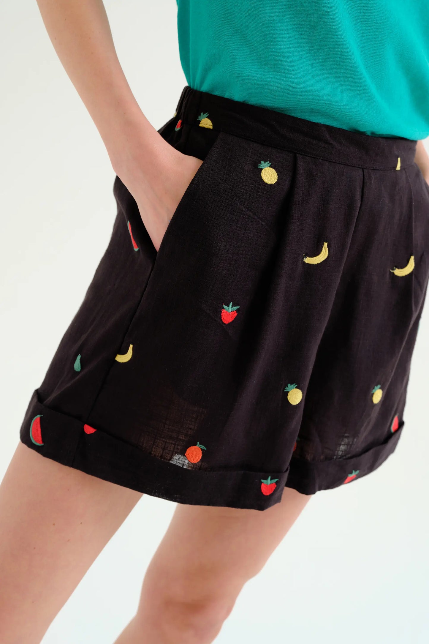 100% cotton black shorts with fruit salad embroidery