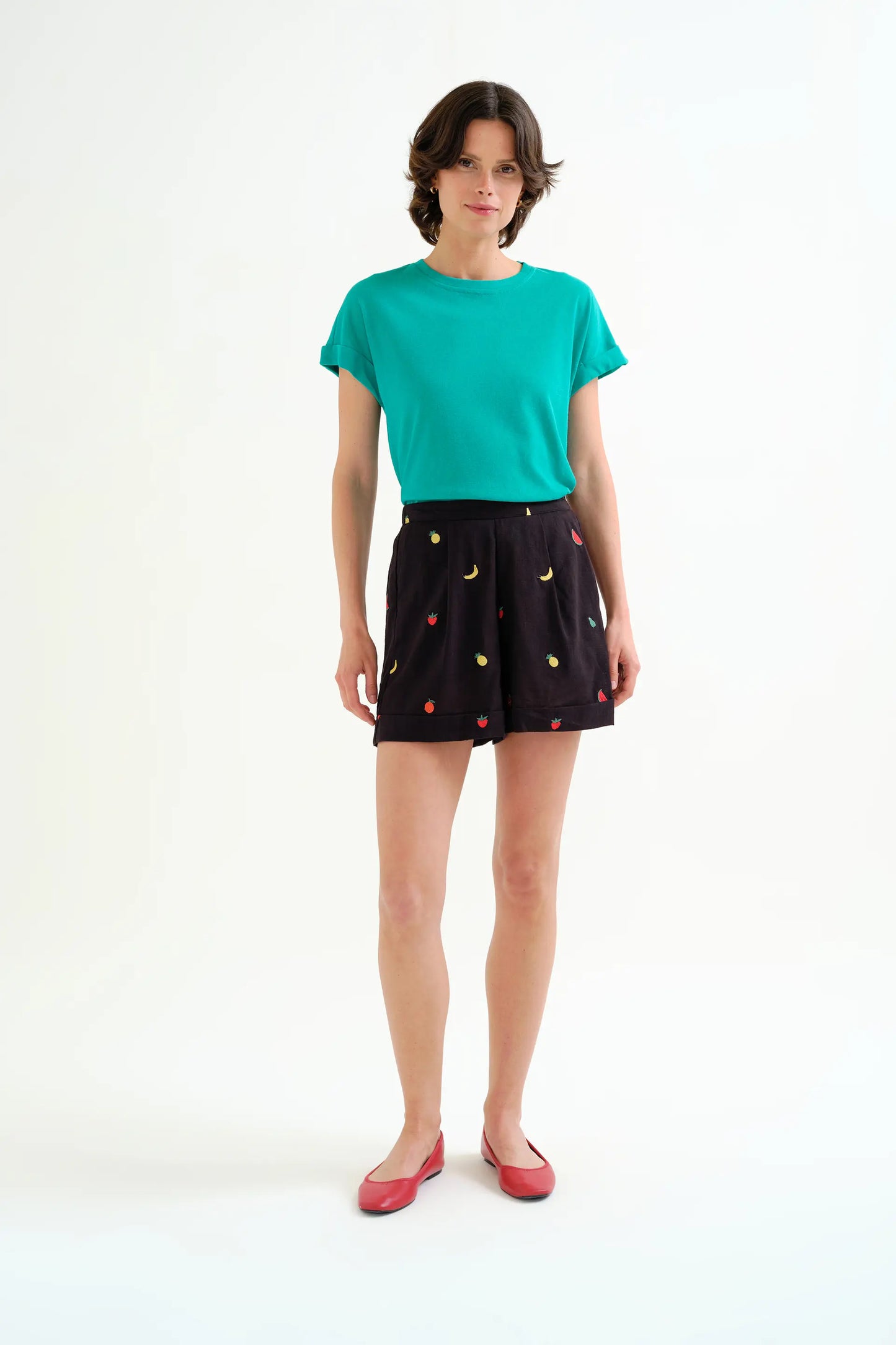 100% cotton black shorts with fruit salad embroidery
