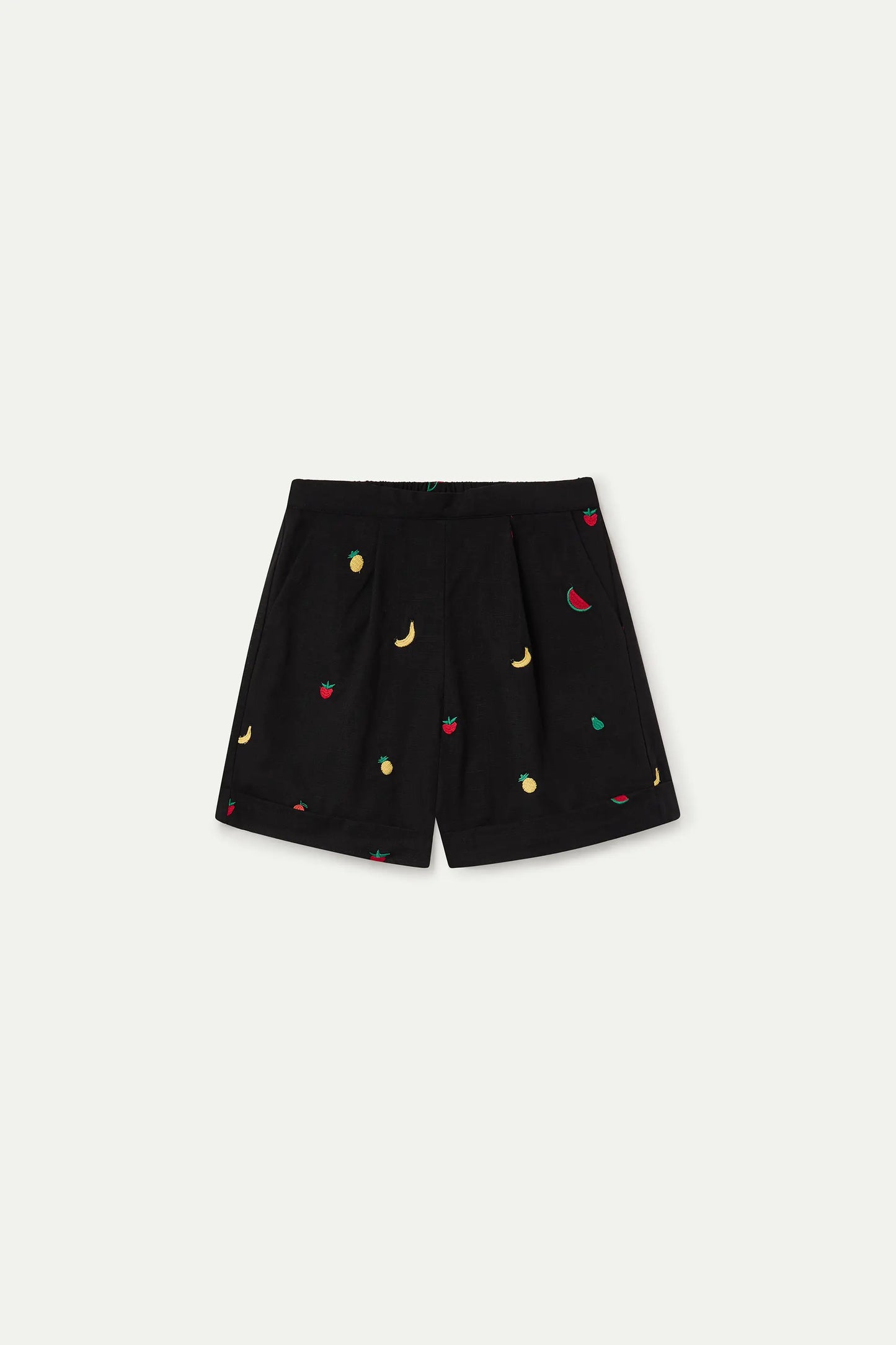 100% cotton black shorts with fruit salad embroidery
