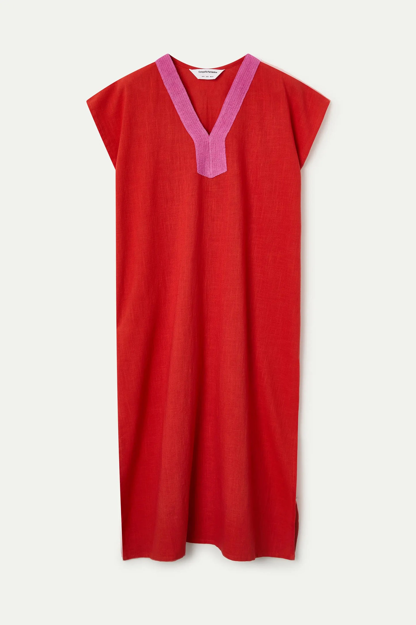 Kaftan largo naranja con escote rosa