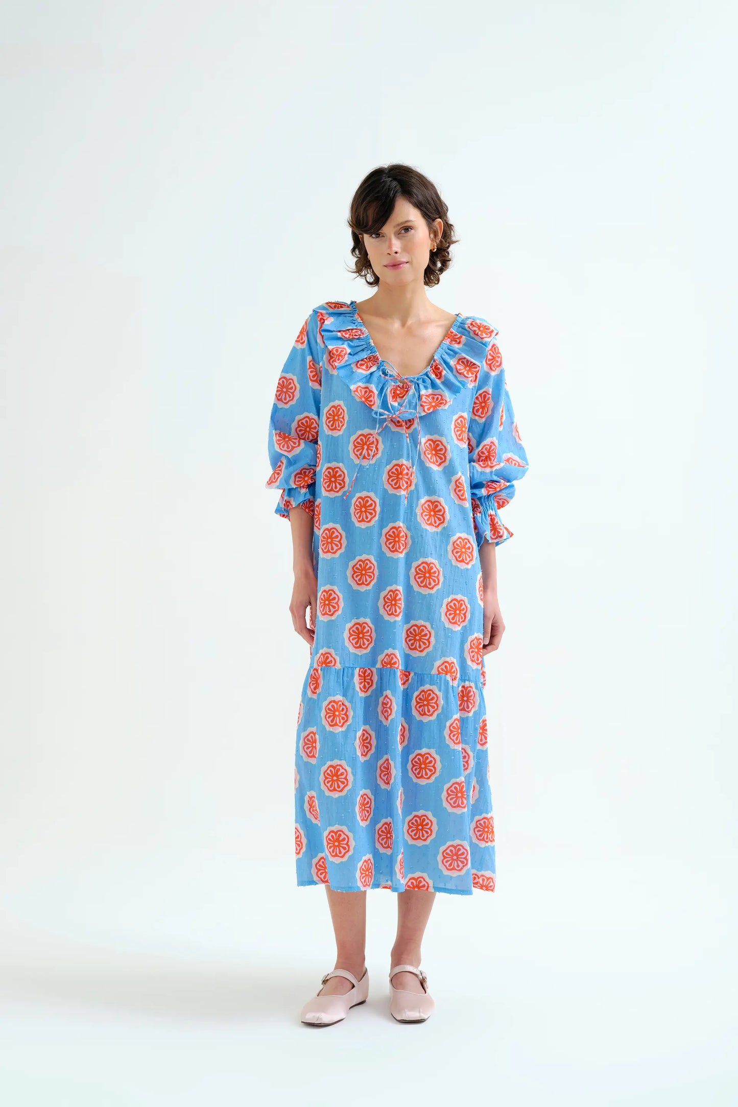 Long beach dress with Red bloom flowers print