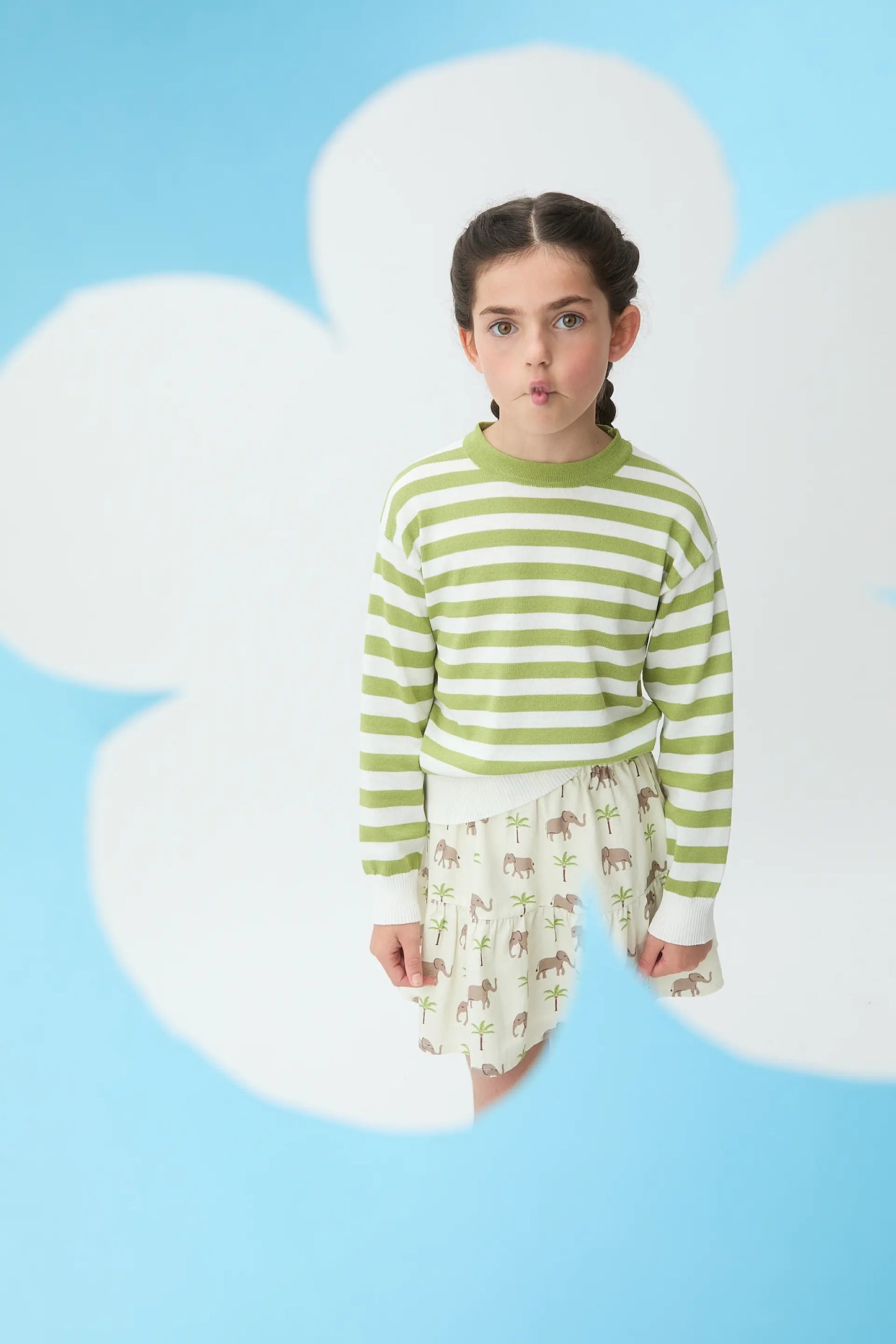 Maglione a righe per bambina, bianco e verde