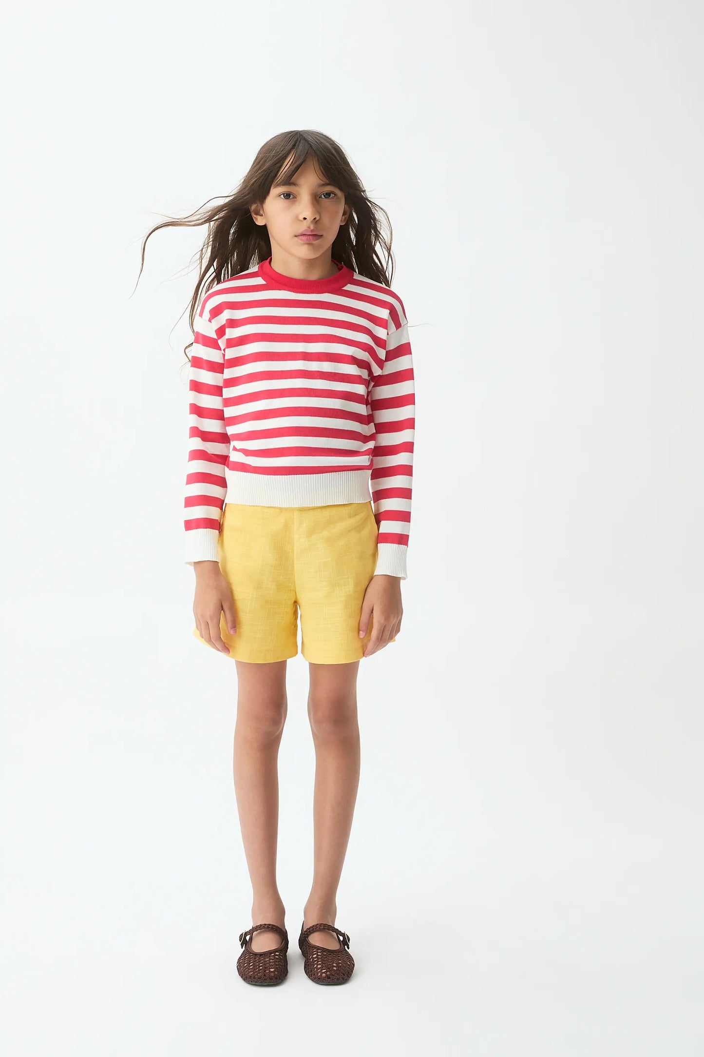 Maglione a righe per bambina, bianco e rosso