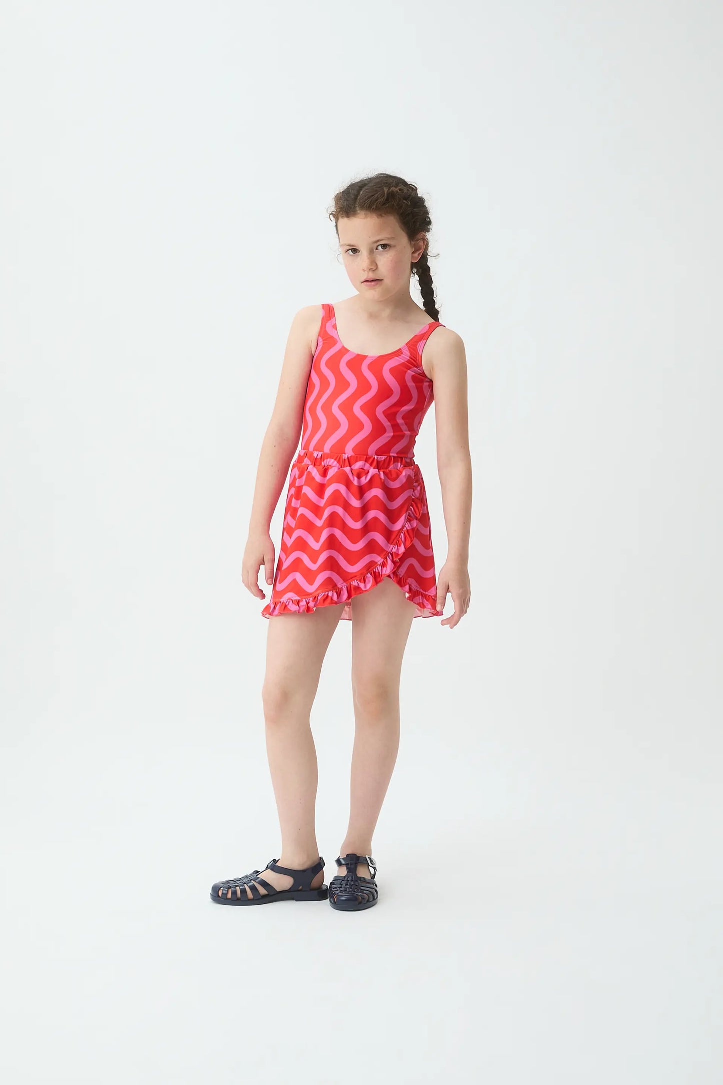 Girls' short pareo skirt with Wave Red &amp; Pink print
