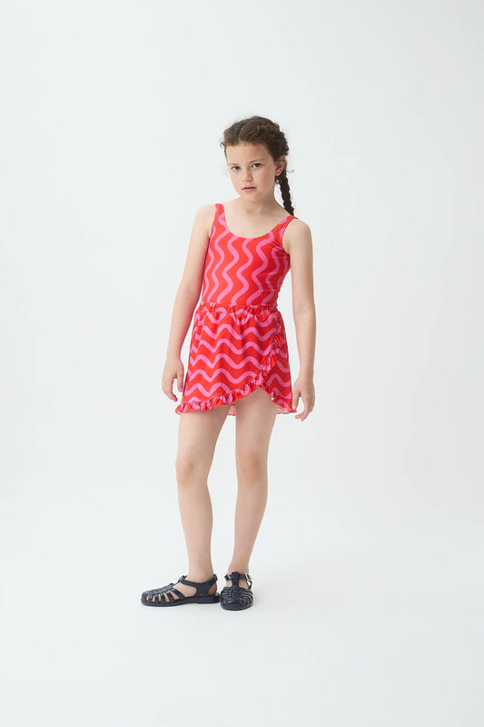 Falda corta pareo de niña con estampado Wave Red & Pink