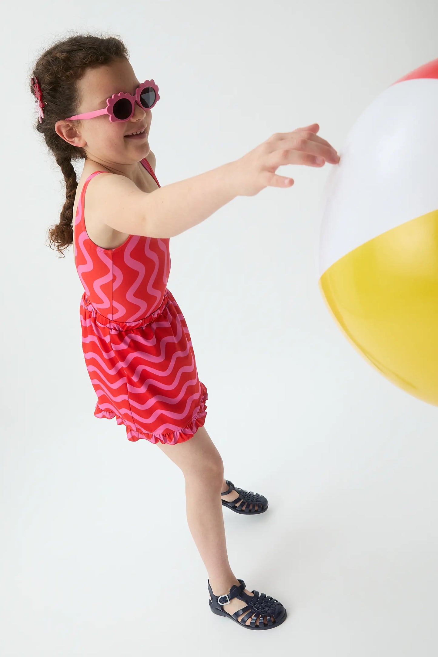 Girls' short pareo skirt with Wave Red &amp; Pink print