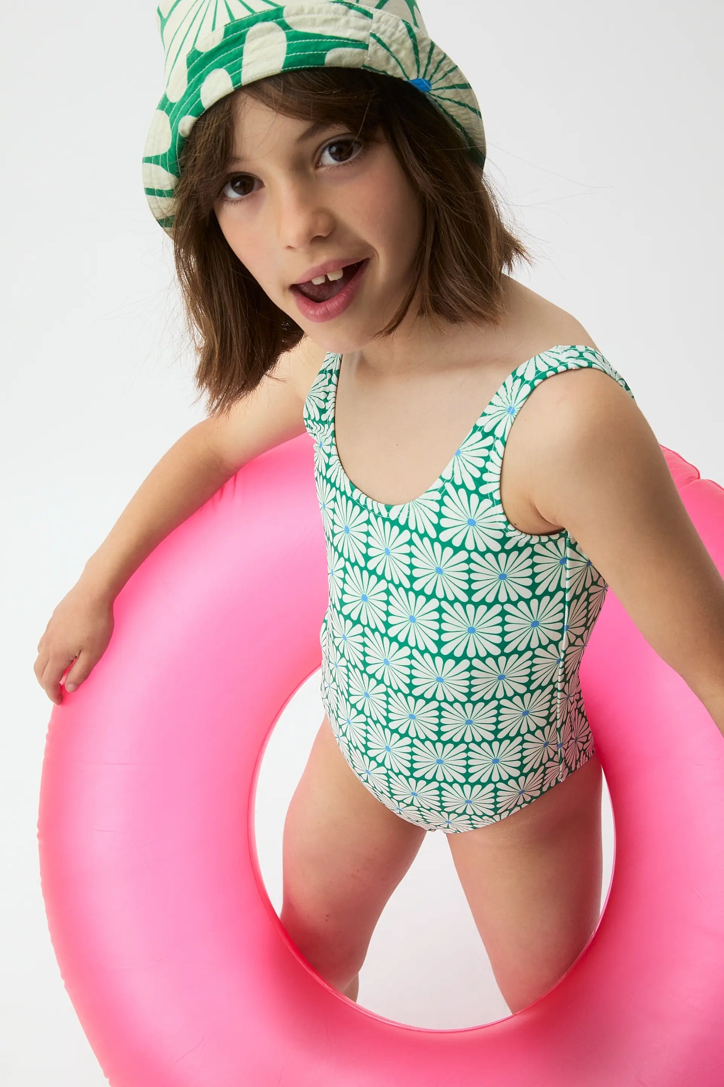 Girl's swimsuit with Olive Flower Green print
