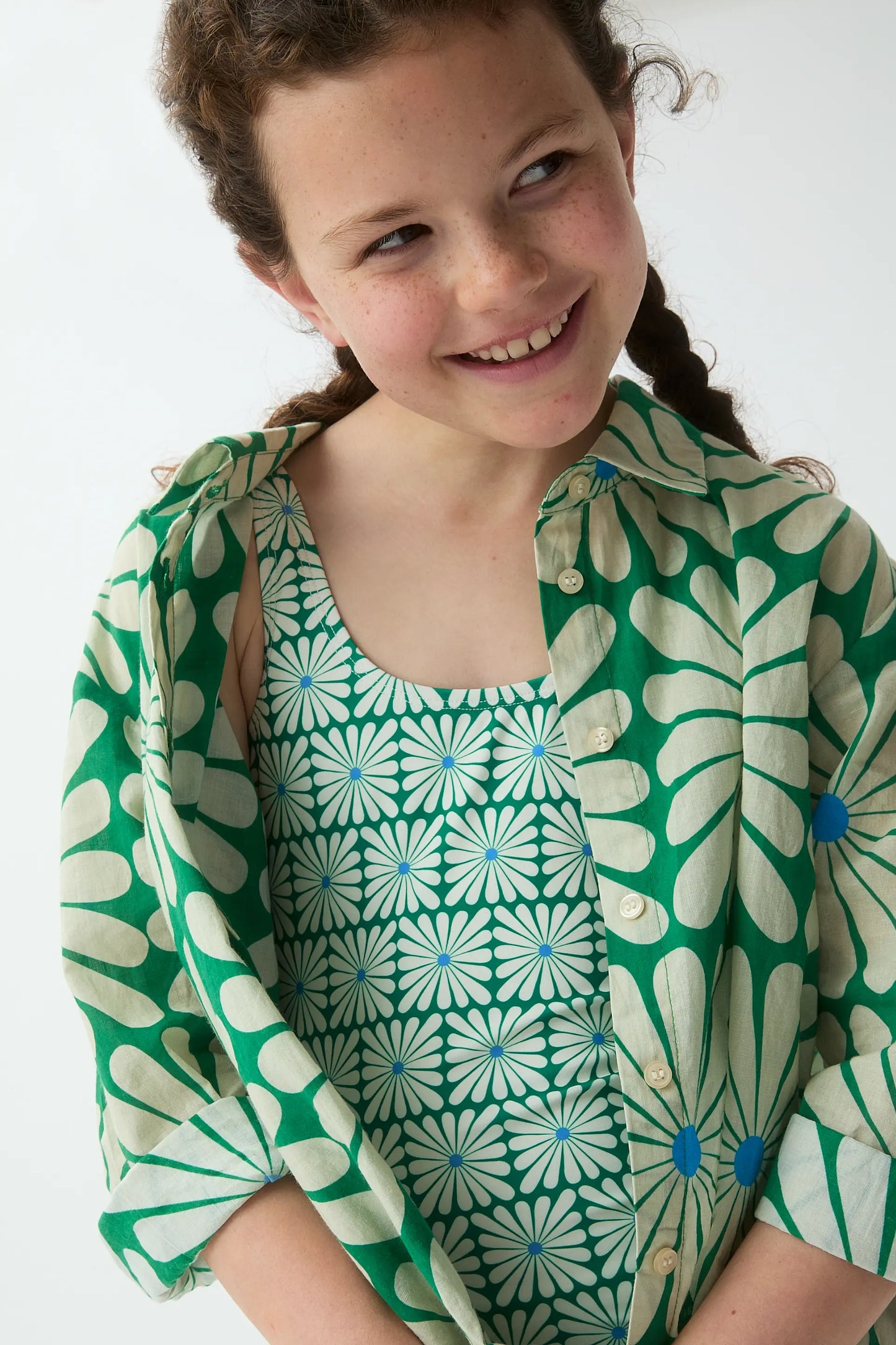 Girl's shirt with Olive Flower Green print