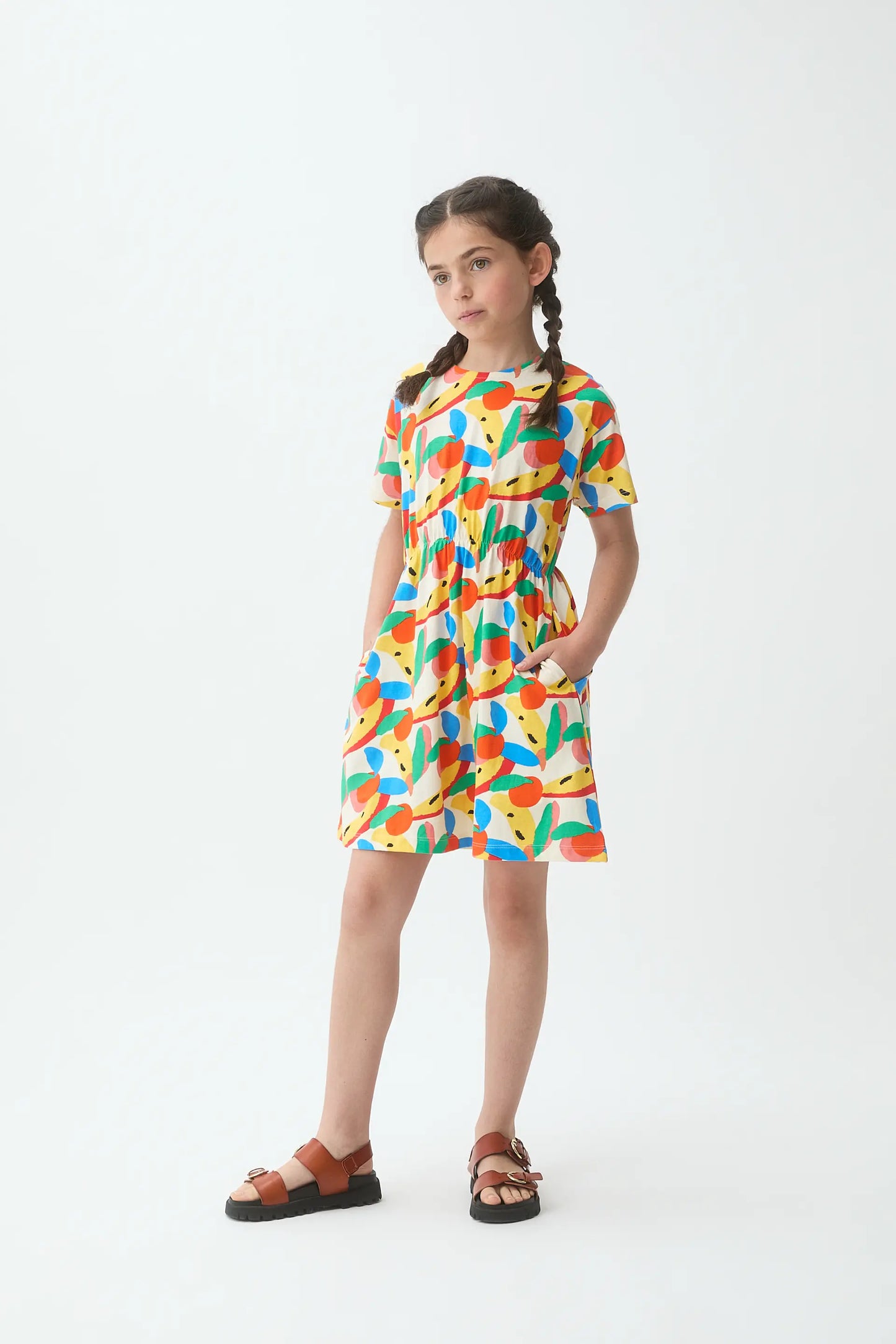 Abito corto per bambina, 100% cotone, con stampa Tutti Frutti
