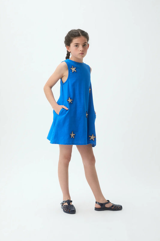Vestido corto de niña 100% algodón azul marino con parche de estrellas